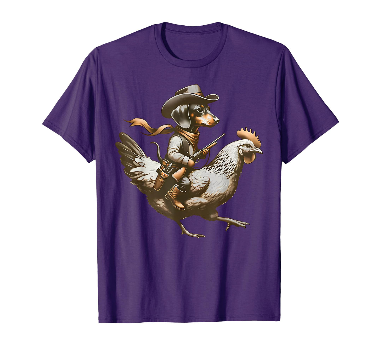 Western Cowboy Dachshund Wiener riding a Chicken Farm Animal T-Shirt