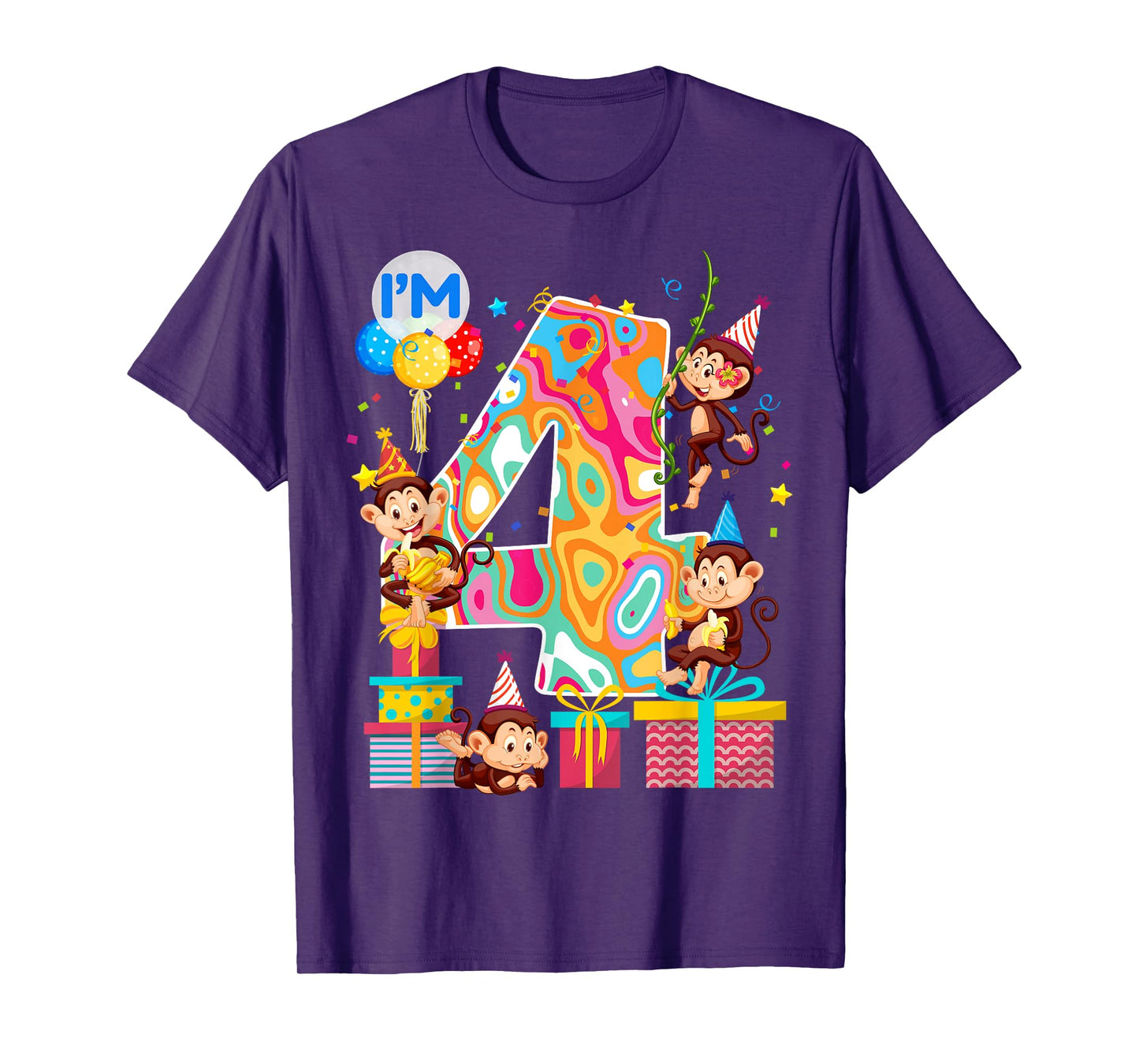 4th B-Day Monkey Birthday Zoo Animal 4 Year Old Funny T-Shirt