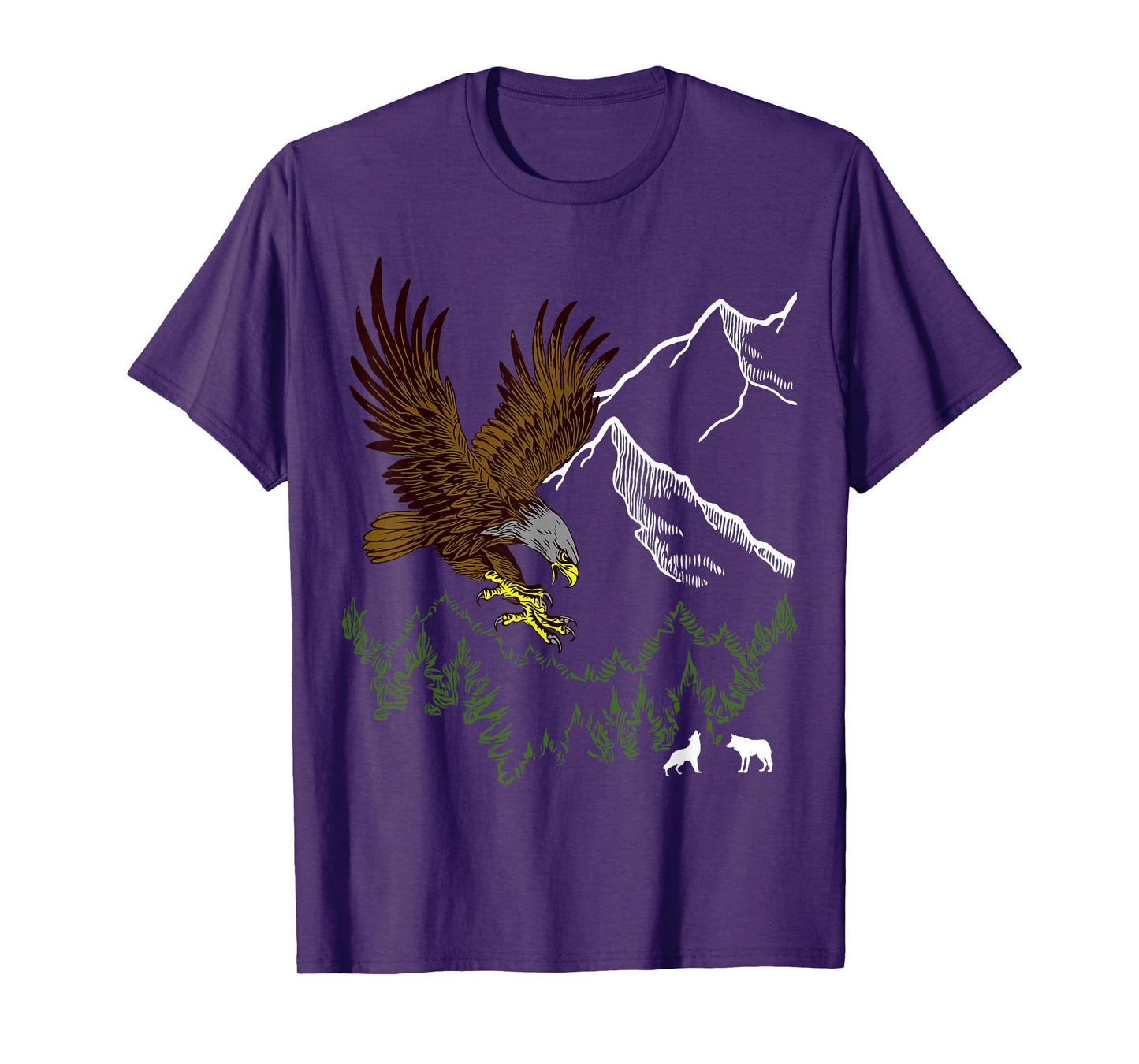 Mountain Forest tree Design Eagle Bird, Wolf Animal Graphic T-Shirt