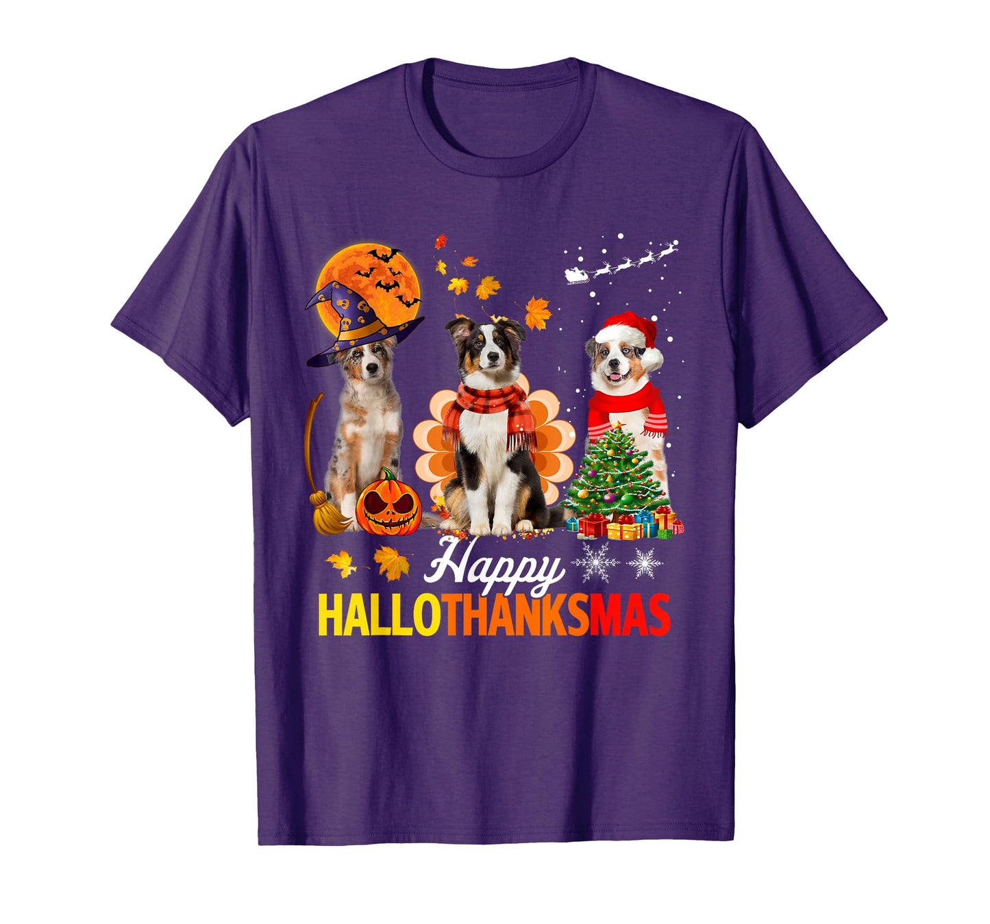 Cute Australian Shepherd Happy Hallothanksmas Xmas T-Shirt
