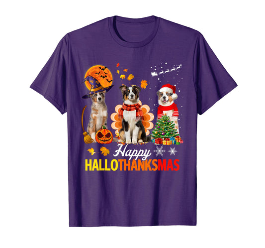 Cute Australian Shepherd Happy Hallothanksmas Xmas T-Shirt