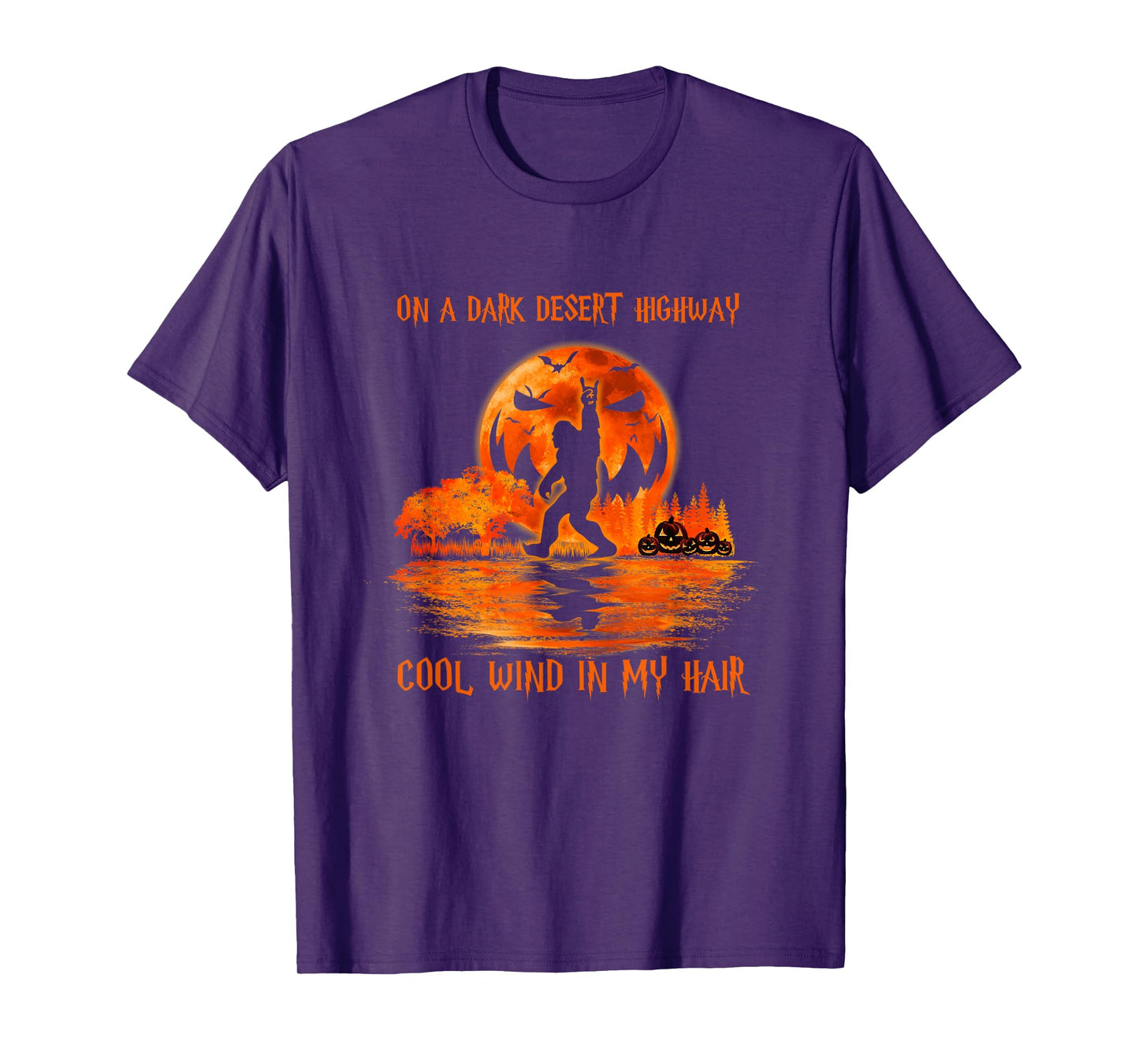 Bigfoot Middle Finger On A Dark Desert Highways Halloween T-Shirt