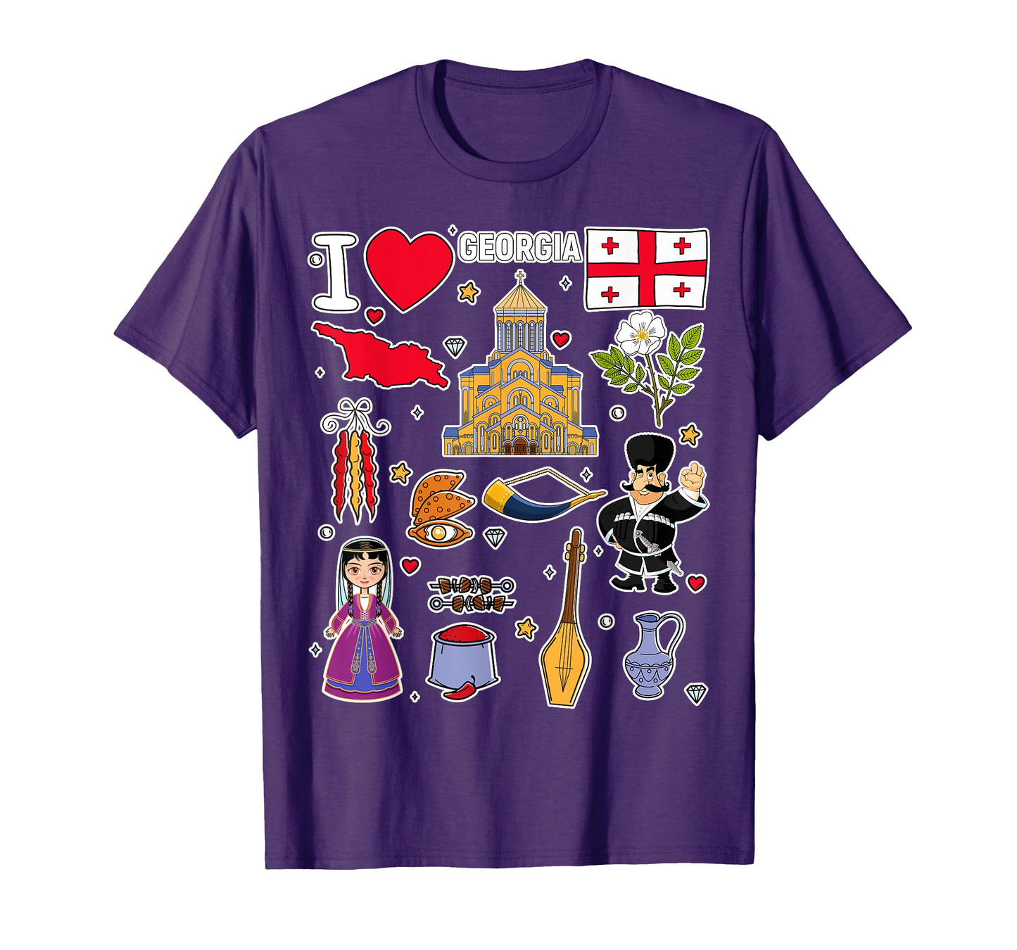 Georgian hand drawn symbols, Georgia map, cultural icons T-Shirt