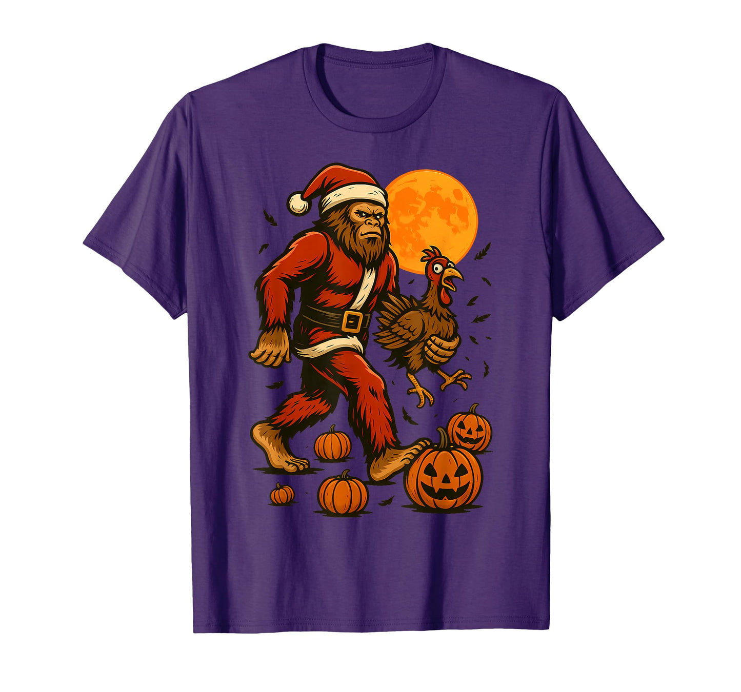 Funny Bigfoot in a Santa Suit Carrying a Turkey Halloween T-Shirt