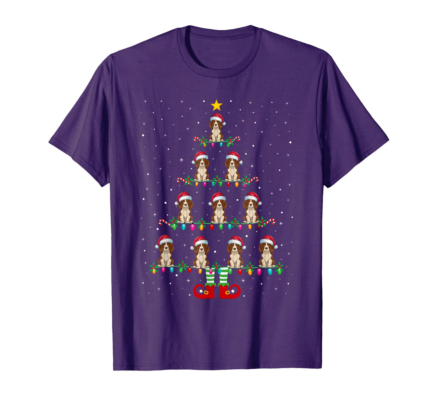 Christmas Tree Lights Santa Hat ELF Brittany Spaniel Dog Men Women Kids T-Shirt