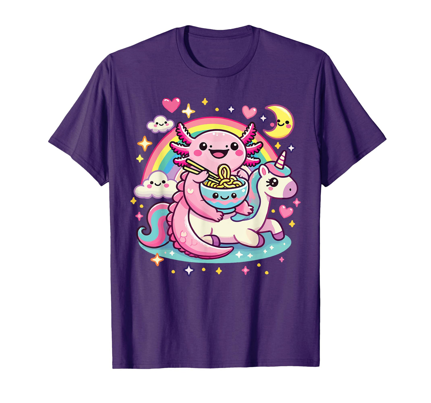 Anime Kawaii Axolotl Eating Ramen Noodles Rainbow Kids Girl T-Shirt