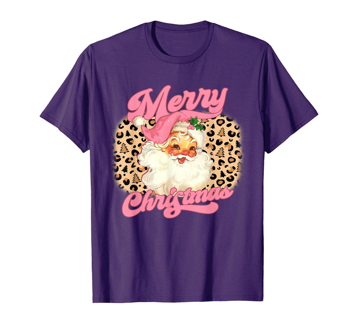 Merry Christmas Pink Santa Claus Leopard Print Women Girls T-Shirt