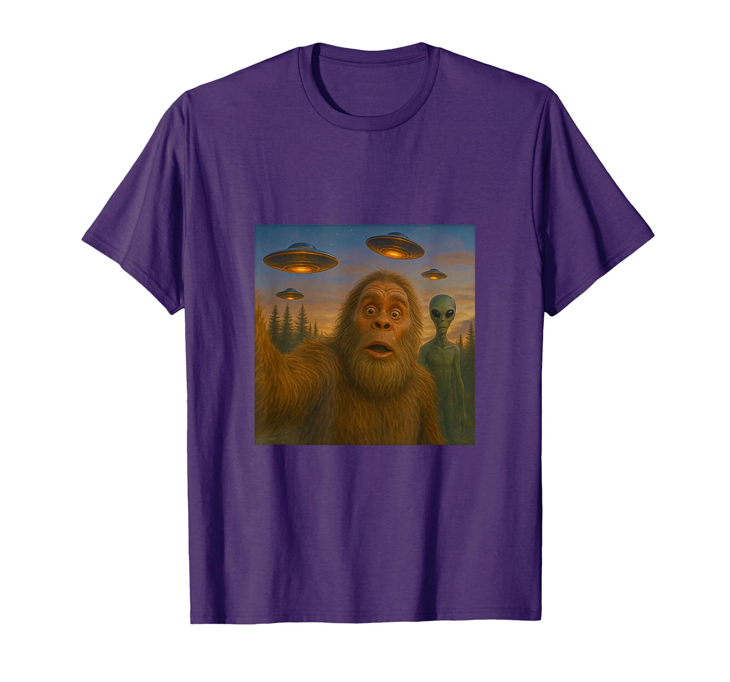 Bigfoot Alien Selfie at Dusk - with UFOs T-Shirt