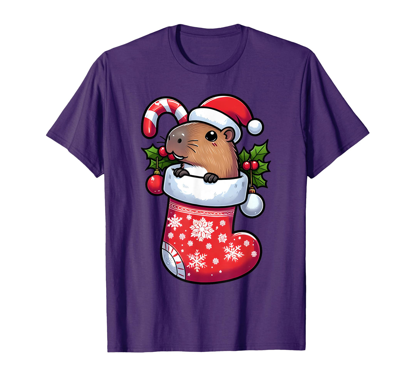 Capybara in Christmas Stocking Candy Cane Santa Hat Pajama T-Shirt