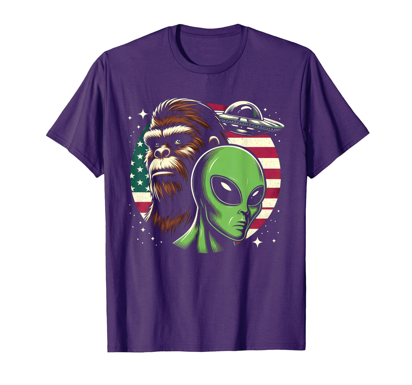Bigfoot Sasquatch Alien UFO USA American Flag T-Shirt