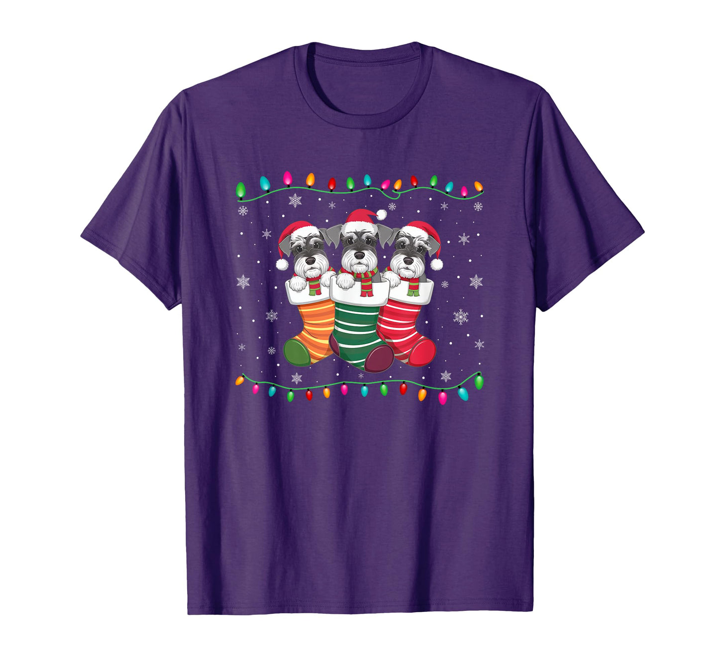 Xmas Tree Lights Funny Schnauzer Dog in Christmas Socks T-Shirt for Men Women Kids