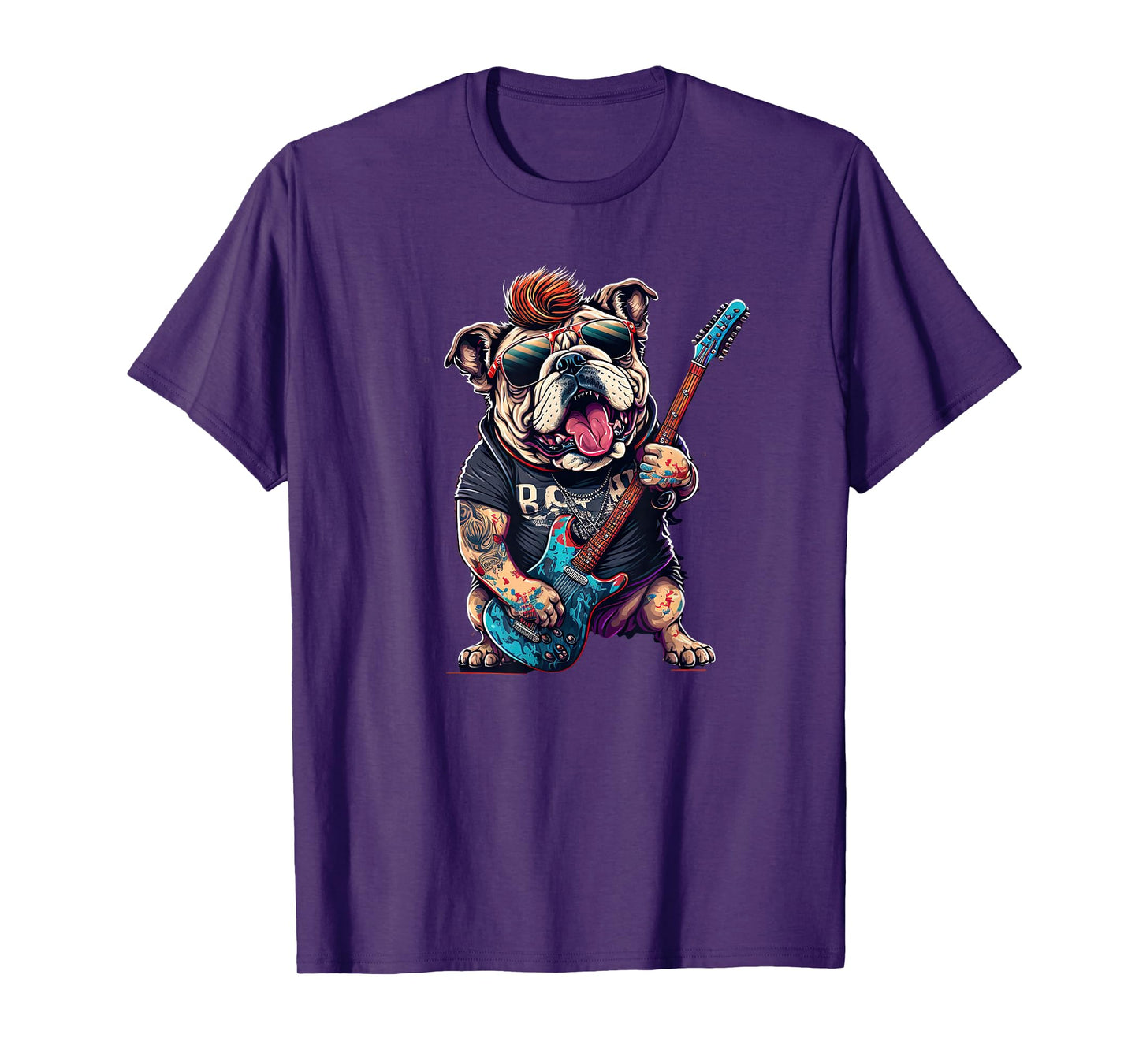 Funny Bulldog Dog Rock and Roll Rocker 80s 90s T-Shirt for Men Women Girls Kids
