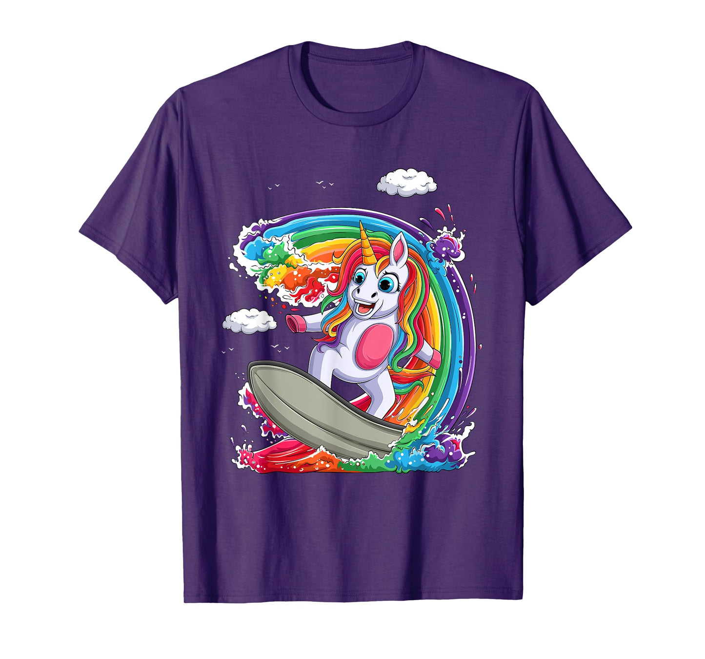 Cute Unicorn Girls Women Unicorn Surfing on Rainbow Wave T-Shirt