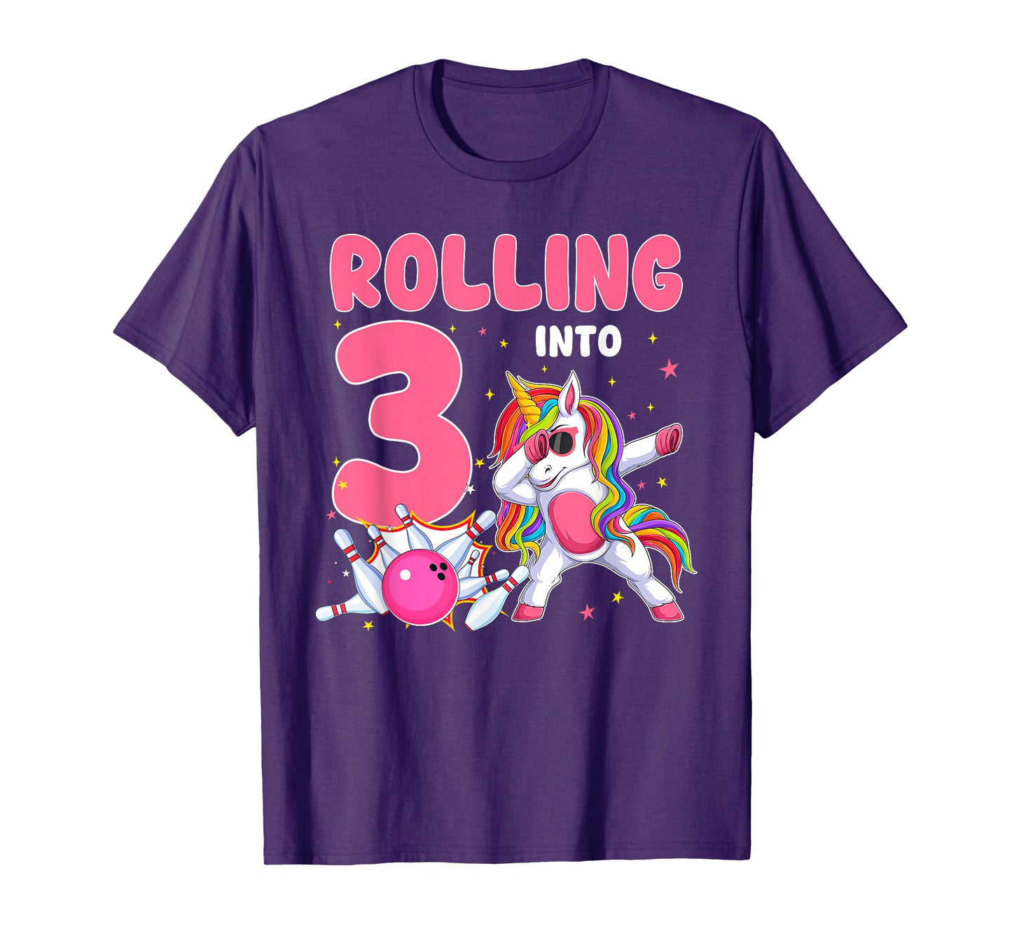 Rolling Into 3 3rd Birthday Unicorn Bowling 3 Year Old T-Shirt