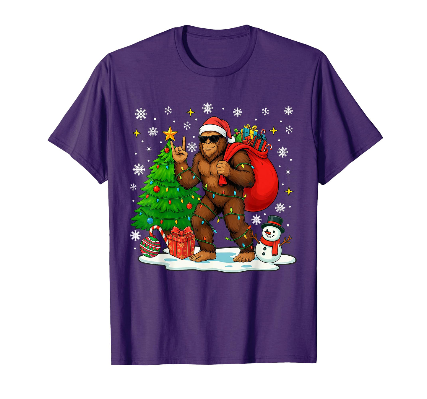 Santa Bigfoot Christmas Tree Lights Boys Men Sasquatch Lover T-Shirt