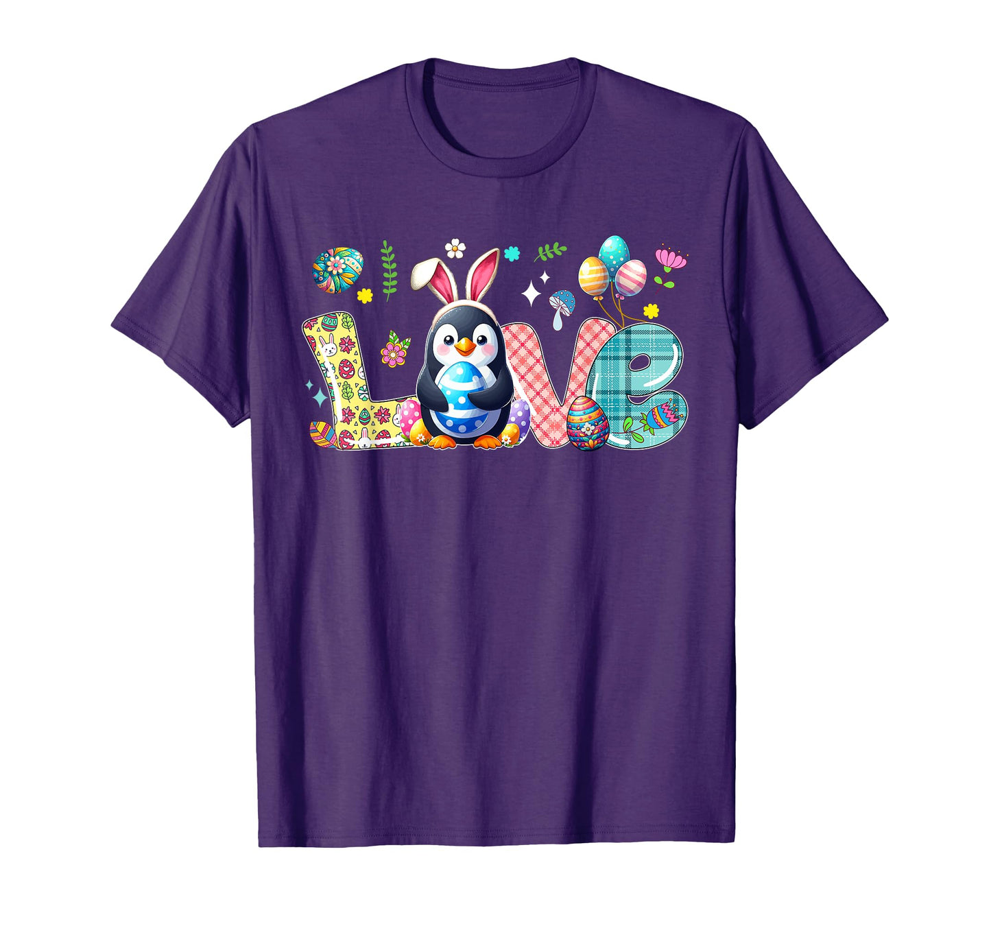 Love Easter Bunny Penguin Hunting Eggs Flowers Colourful T-Shirt