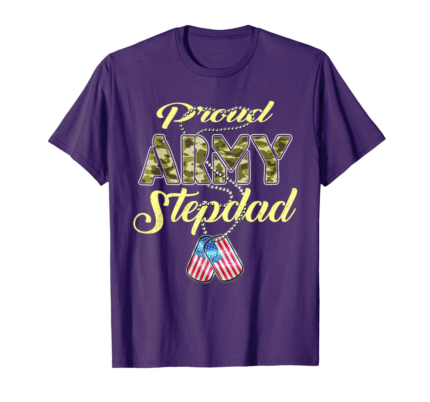Proud Army Stepdad US Flag Camo Dog Tags Military Stepfather Men Women Kids T-Shirt
