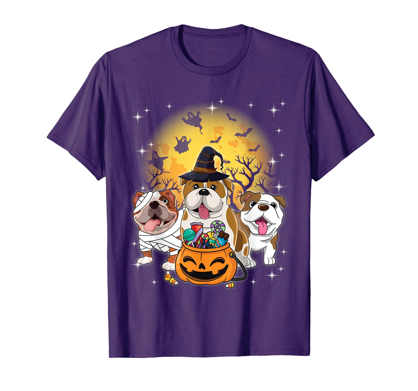 English Bulldog Mummy Witch Dog Moon Ghosts Halloween Day T-Shirt for Men Women Kids