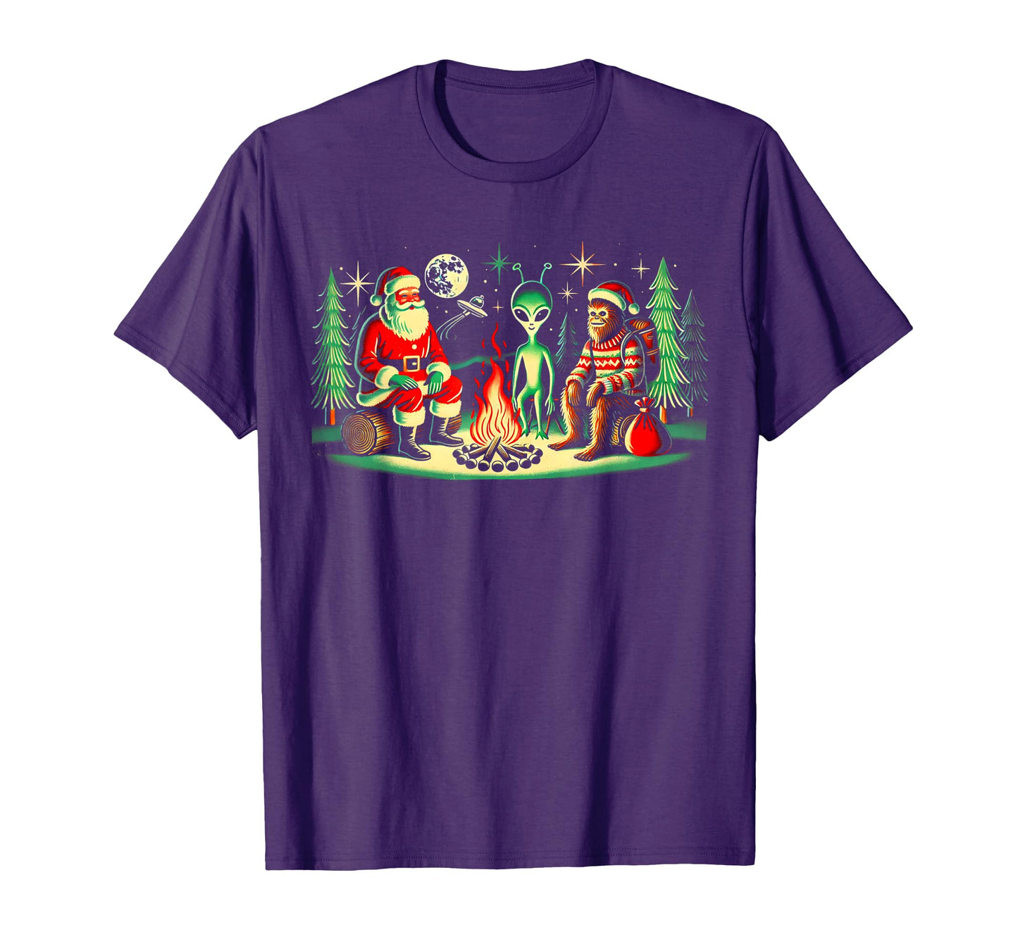 Santa Bigfoot and Alien Sat Around a Fire at Camp, Christmas T-Shirt