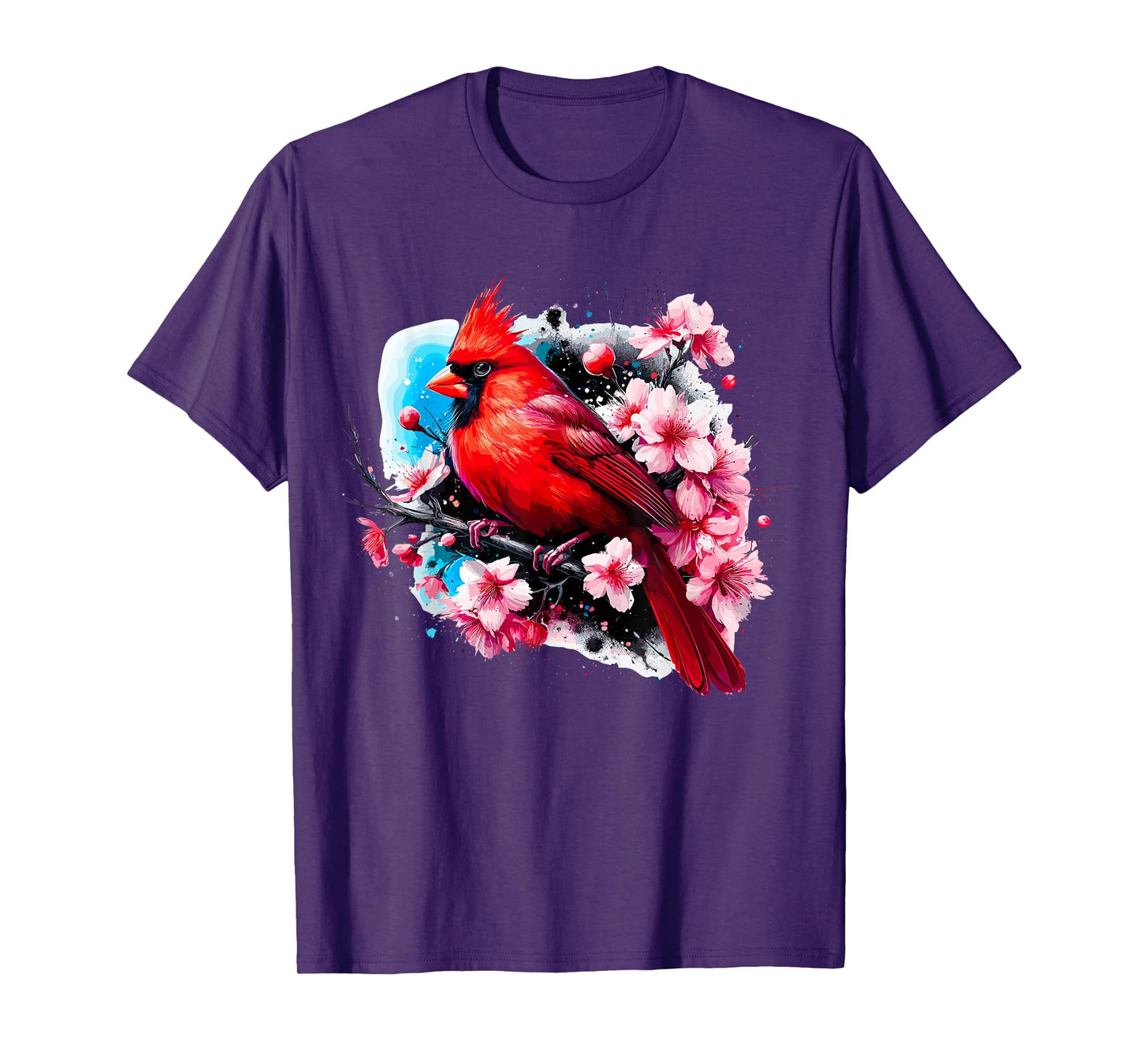 Magical and Funny Bird Watching Gifts Red Cardinal Bird with Cherry Blossom Unisex Adult T-Shirt, Small, Black, Short Sleeve, Classic Fit, Polyester 100%