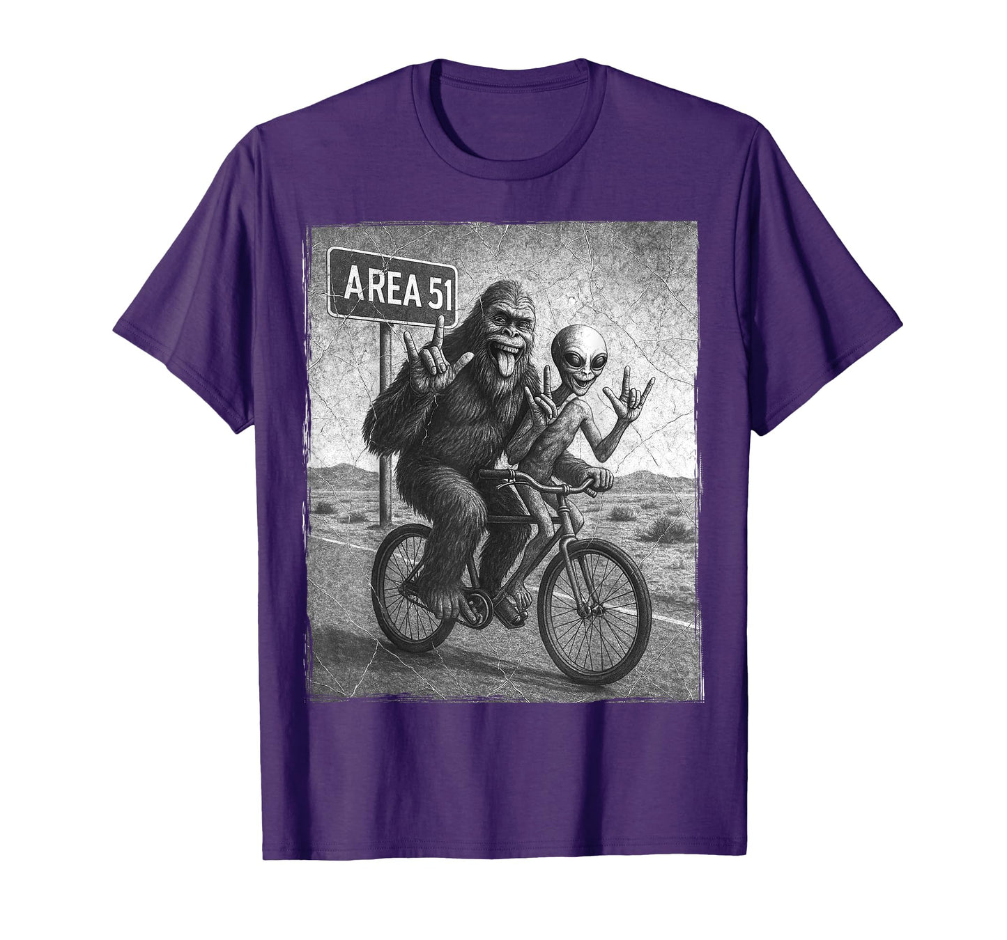 Bigfoot Alien UFO Bike Ride Rock On Area 51 Vintage Funny T-Shirt
