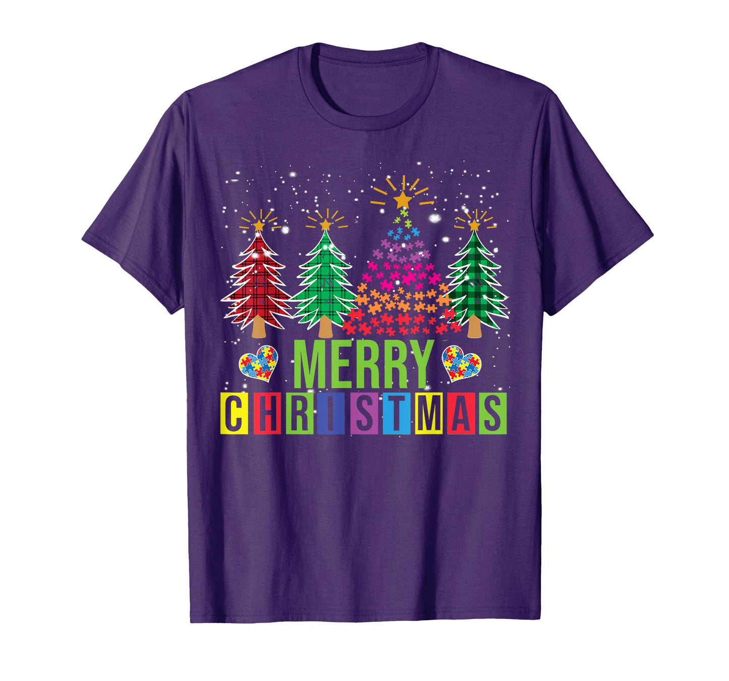 Autism Merry Christmas Tree Buffalo Plaid Matching Family T-Shirt