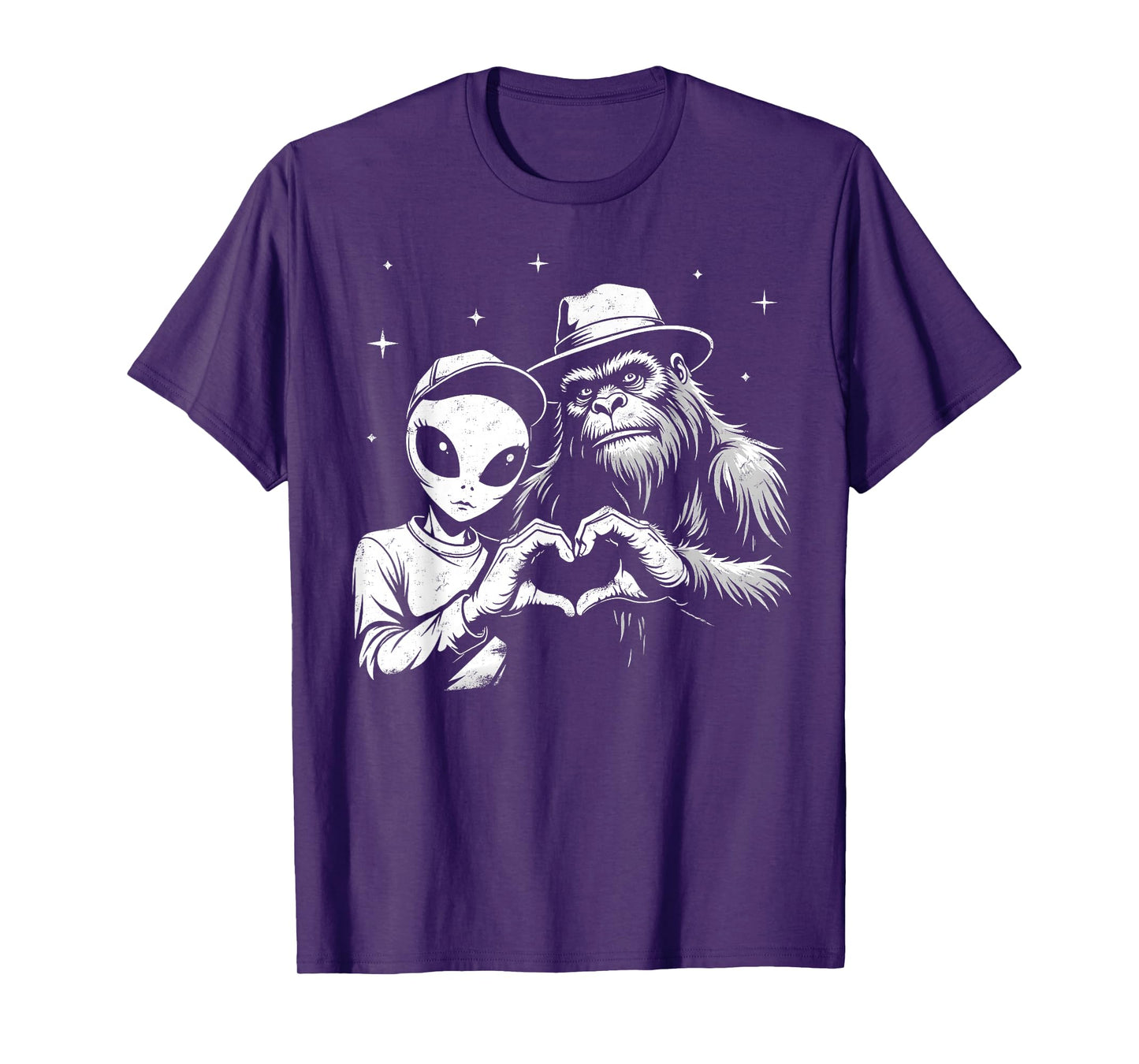 Bigfoot And Alien Love Hand Sign Funny Sasquatch T-Shirt