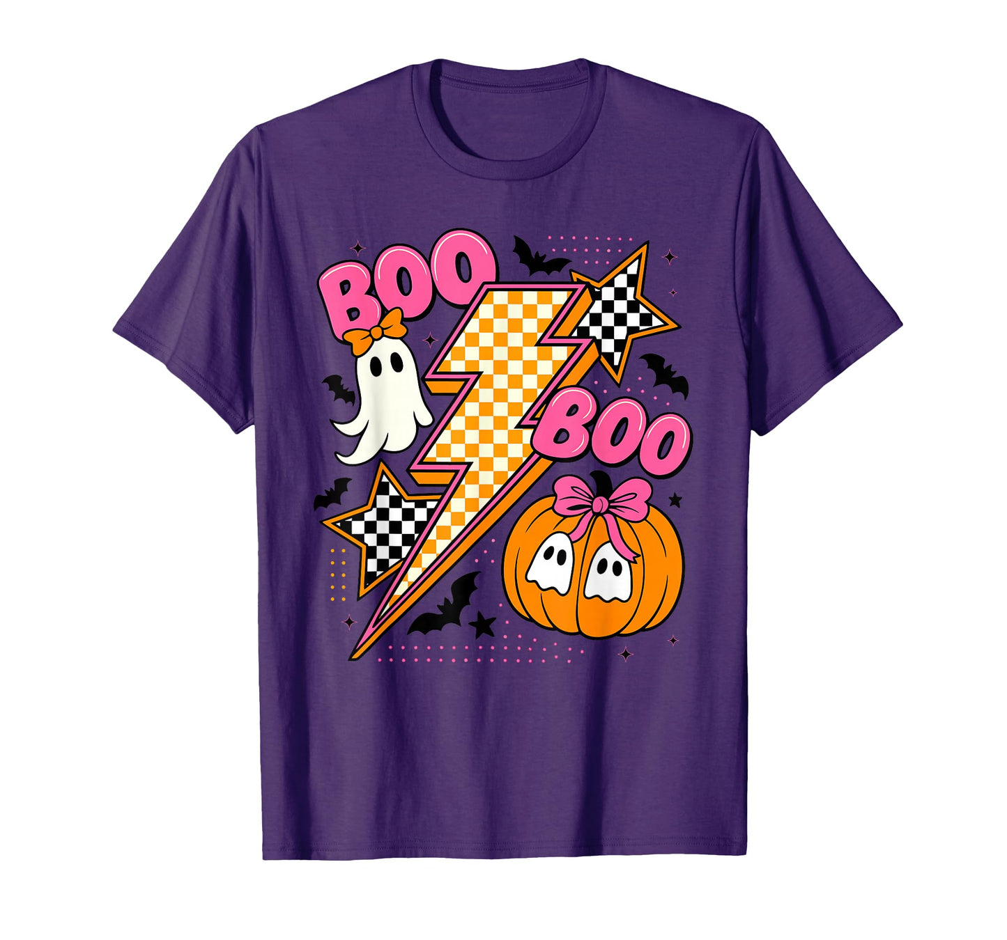 Retro Halloween Lighting Checkered Ghost Pumpkin Bow Outfit T-Shirt