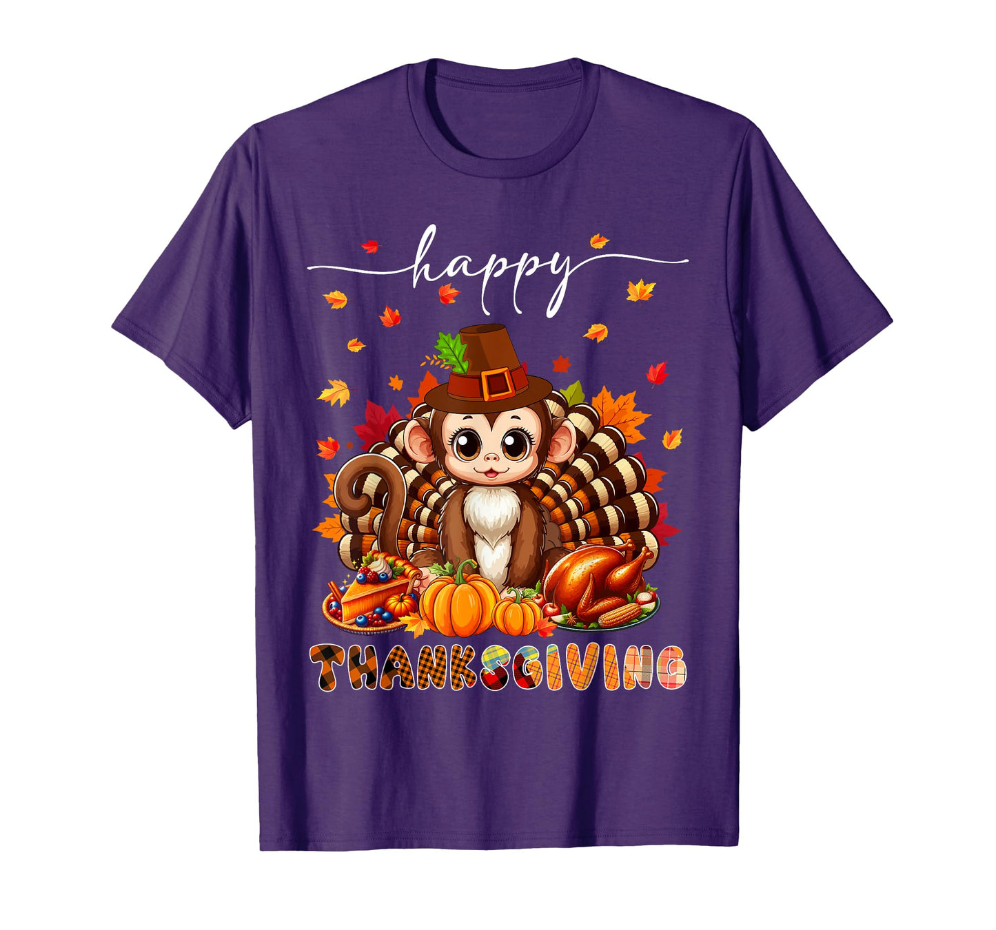 Happy Thanksgiving Monkey Costume Turkey Fall Leaves Food T-Shirt