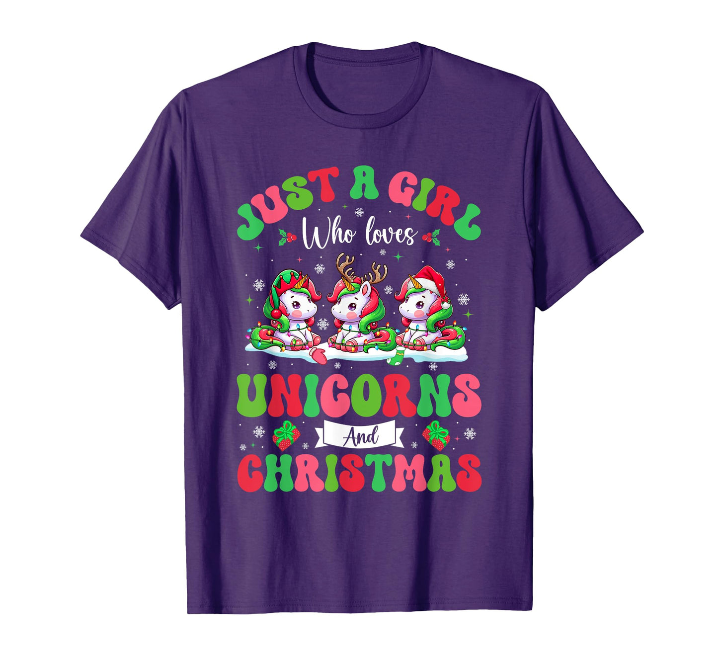 A Girl Loves Unicorns And Christmas Three Santa Unicorns T-Shirt