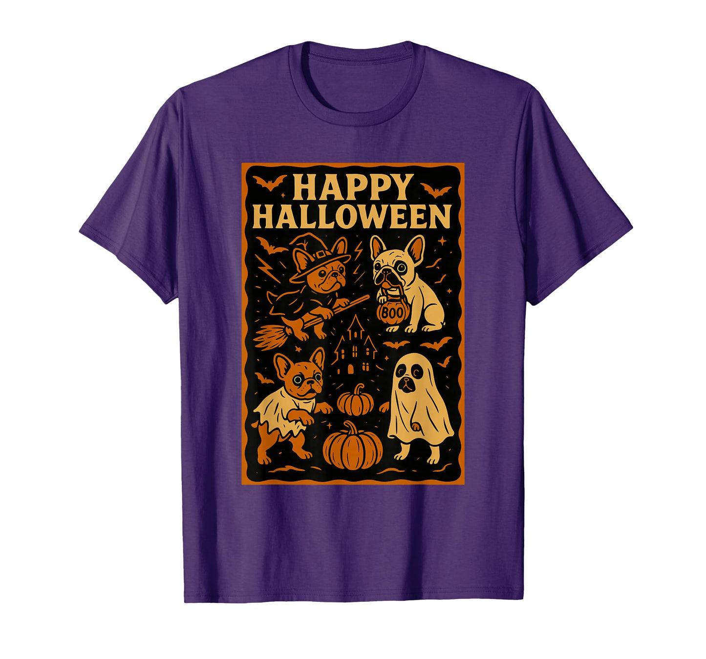 French Bulldog Happy Halloween Witch Hat Pumpkin Dog Ghost T-Shirt