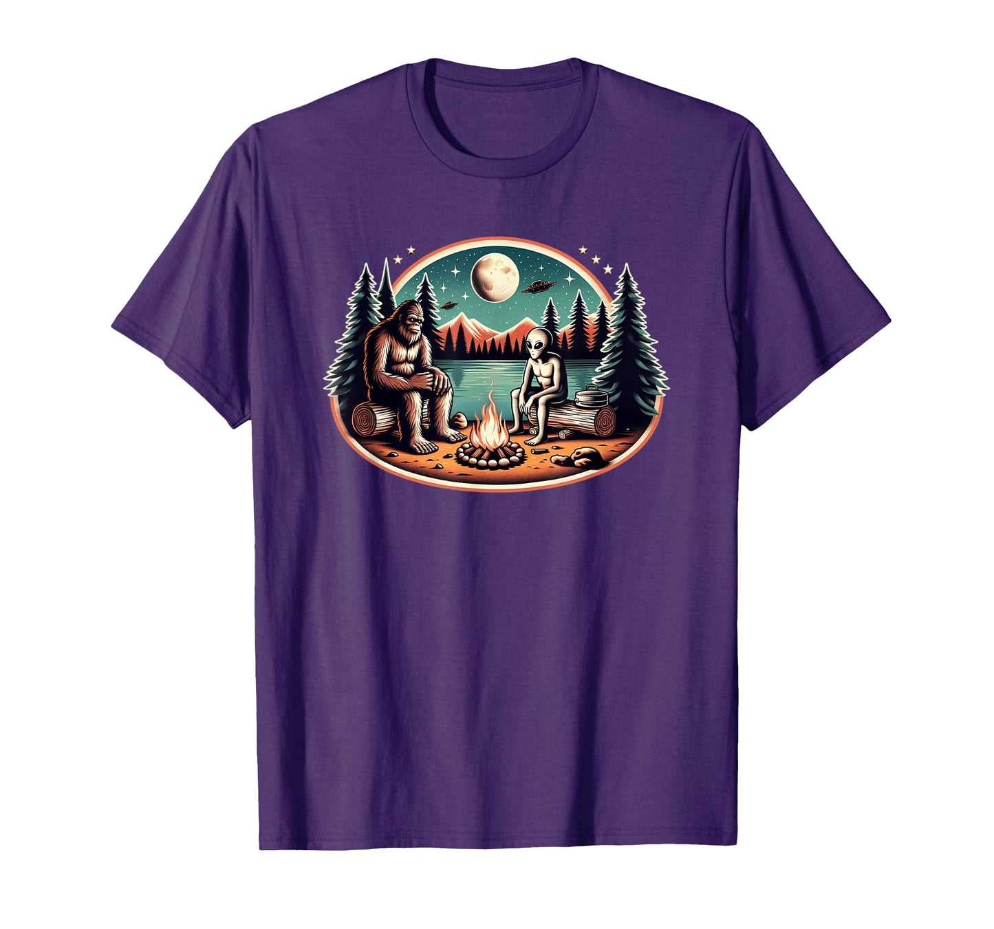 Bigfoot and Alien Campfire UFO Forest Night T-Shirt