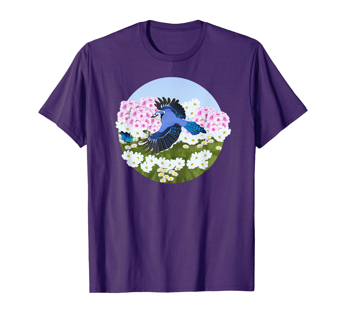 Blue Jay Summer Flowers Bird Watching Biologist Birder T-Shirt