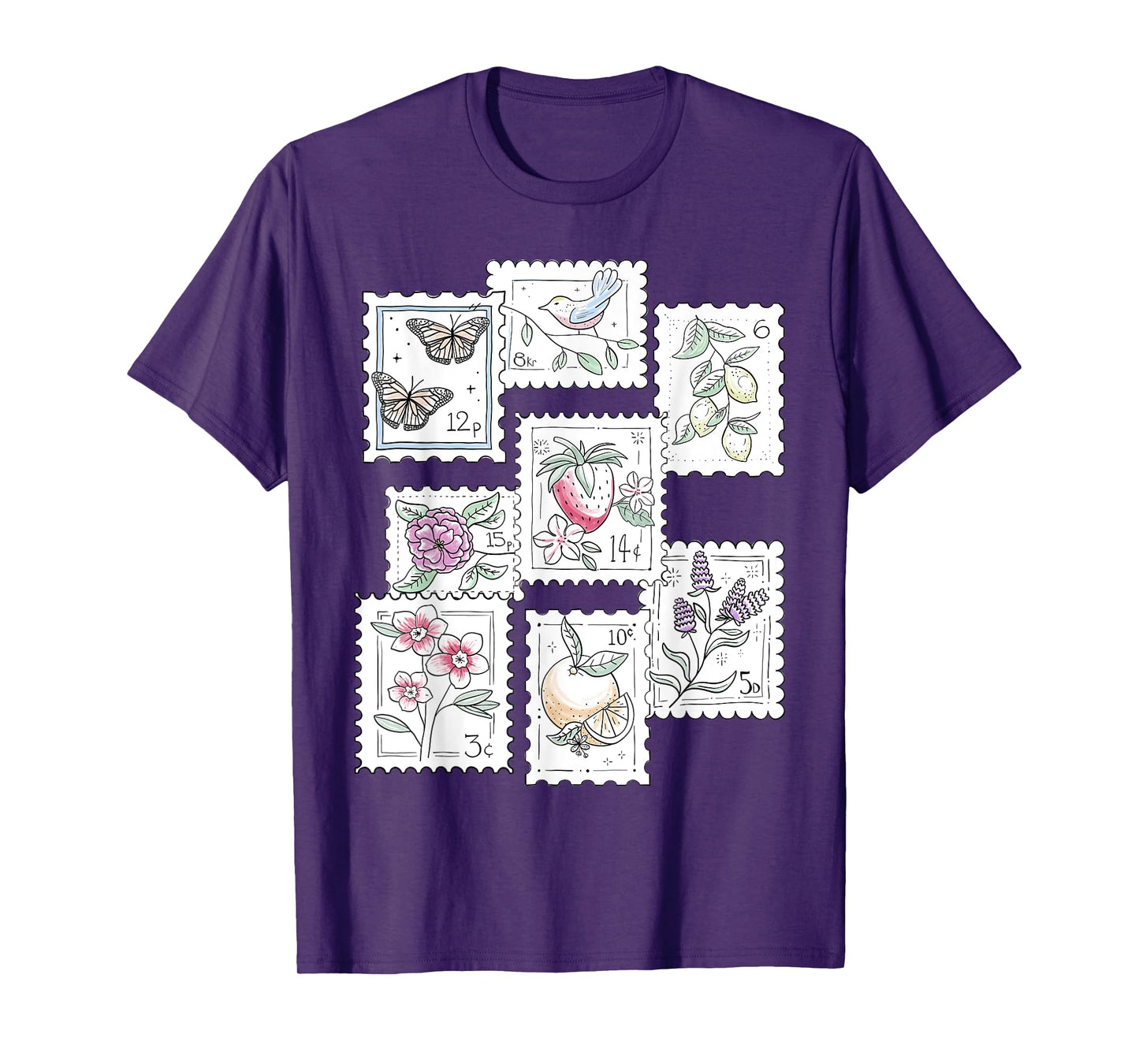 Postage Stamp Pattern Flowers Butterflies Bird Strawberry T-Shirt