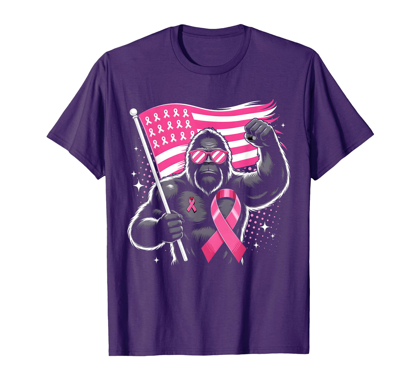Bigfoot Pink Ribbon USA Flag Breast Cancer Awareness T-Shirt