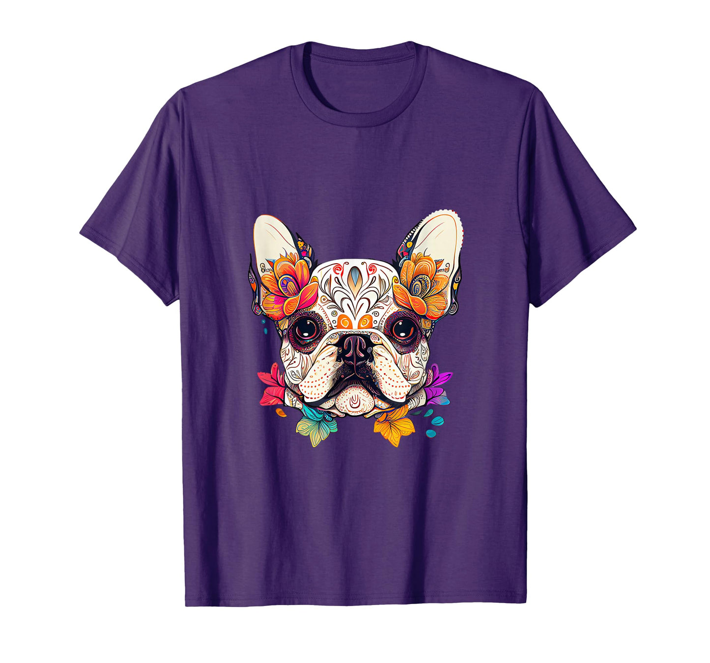Sugar Skull Dog Colorful French Bulldog Lover Floral Flowers T-Shirt