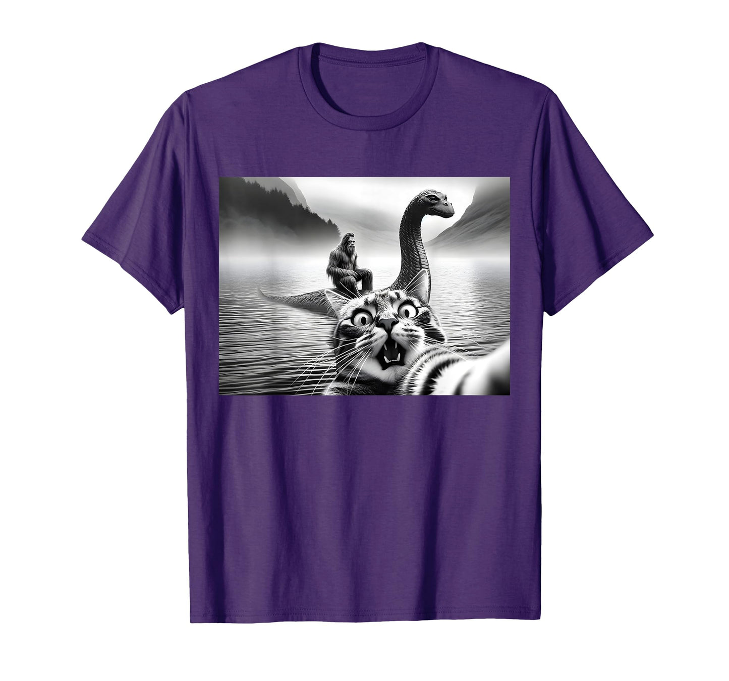 Bigfoot Riding Loch Ness Monster Surprised Scared Cat Selfie T-Shirt for Men Women Girls Kids