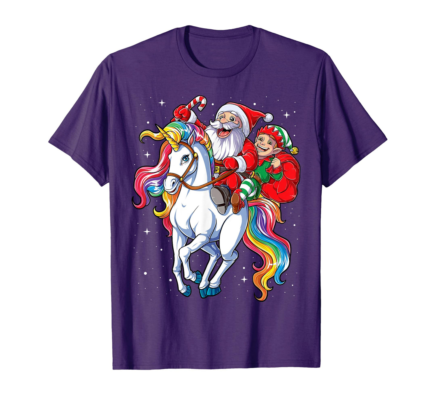 Christmas Santa Elf Riding Unicorn Xmas Girls Women Rainbow T-Shirt