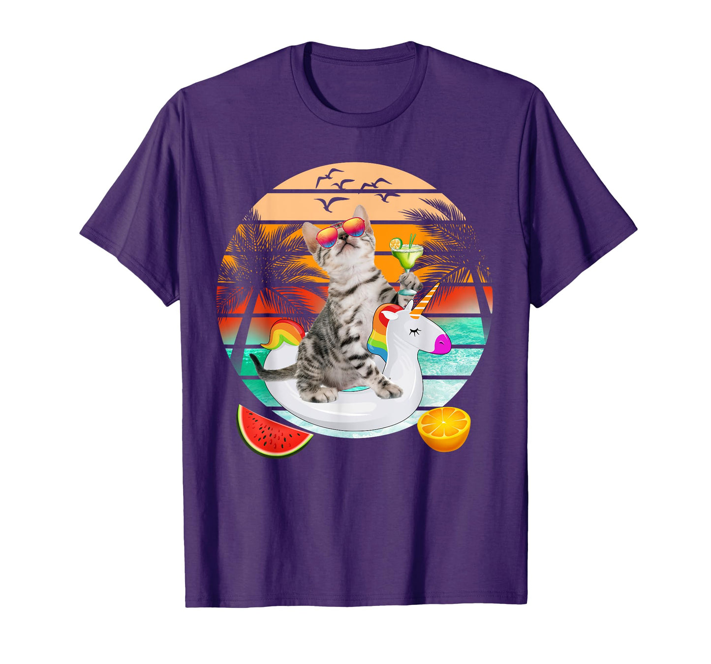 Cute Cat With Margarita & Unicorn Float Kitten Summer Vibes T-Shirt