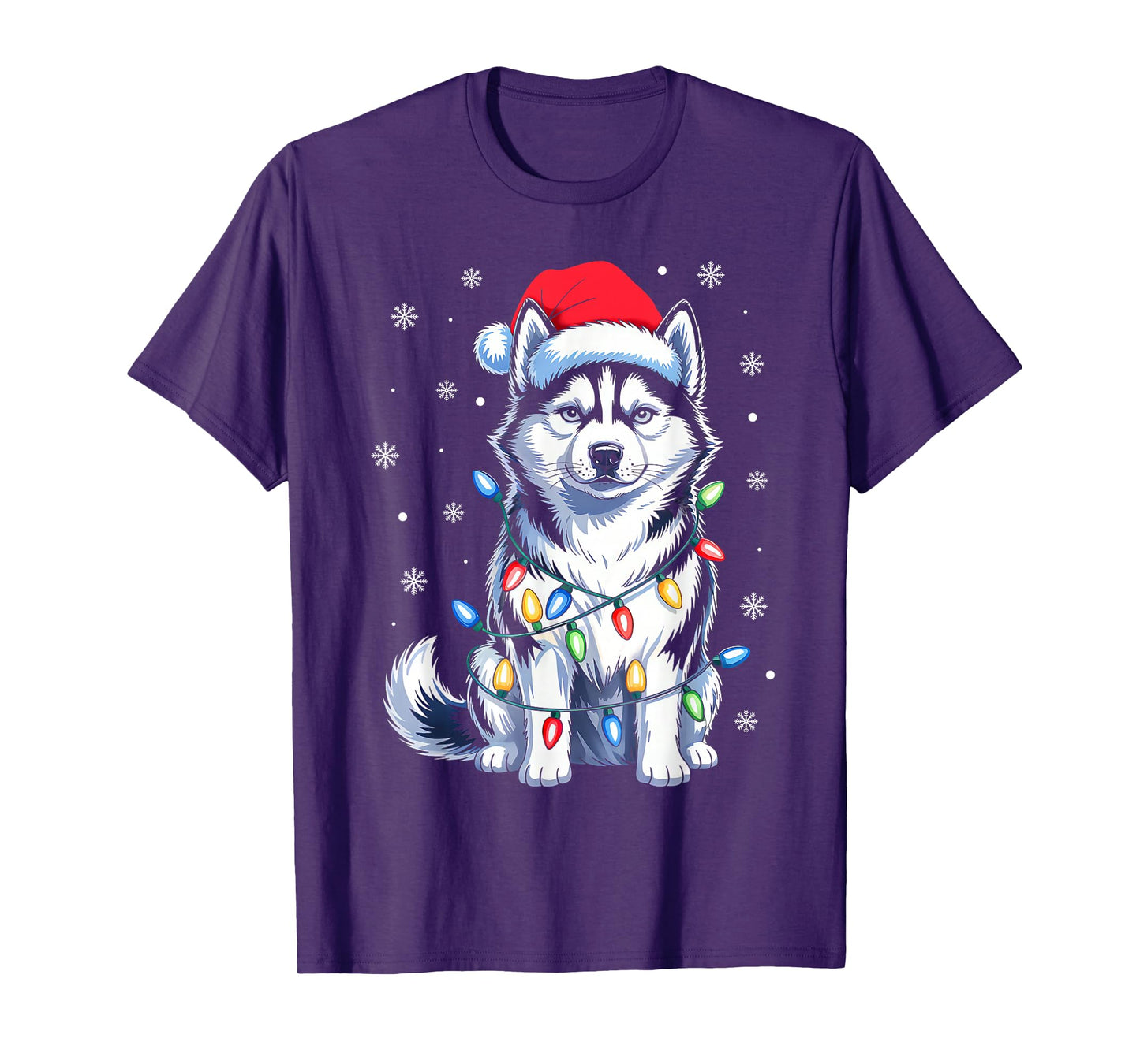 Husky Dog Christmas Lights Santa Hat Family Xmas Pajamas T-Shirt