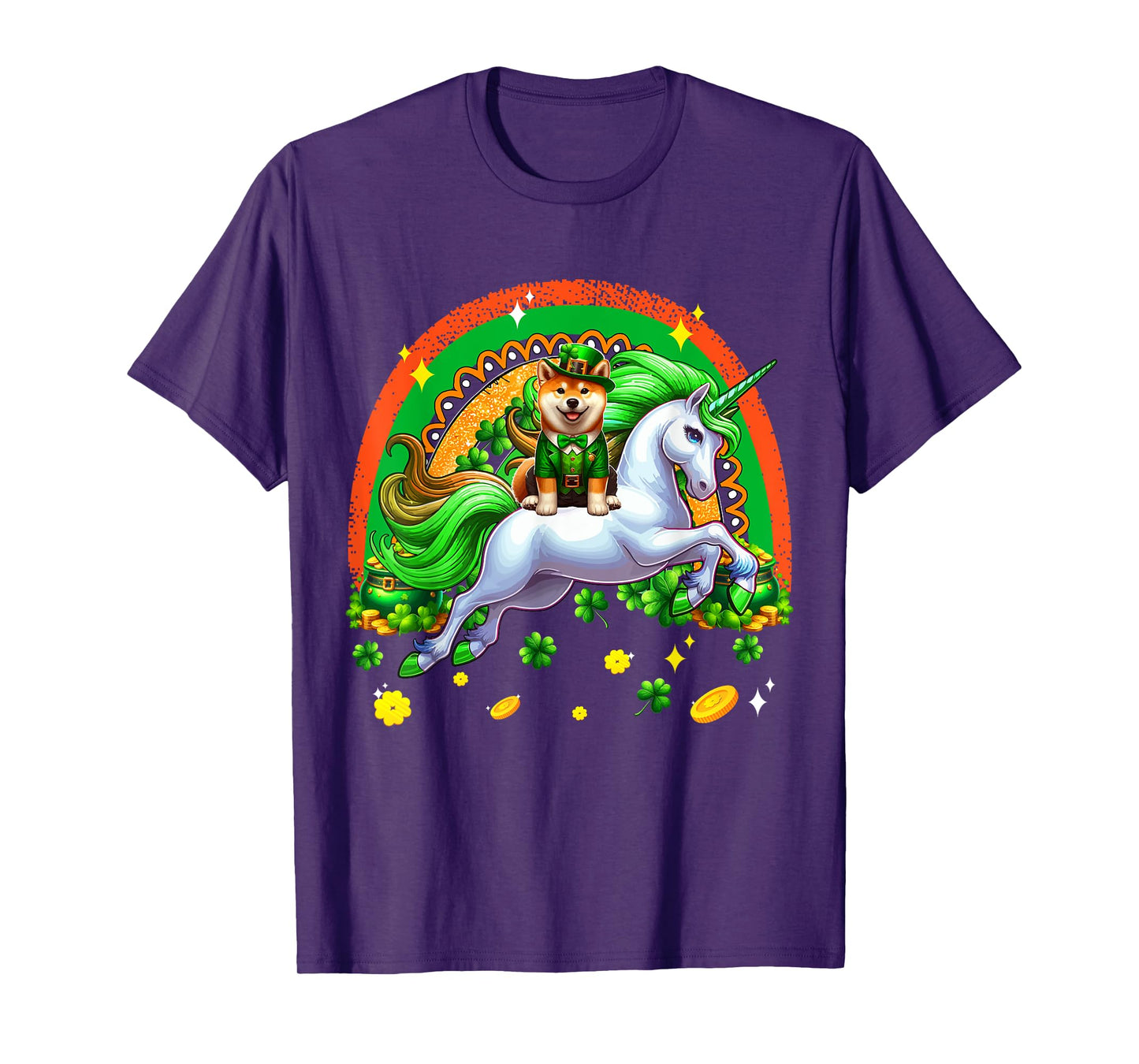 Patrick's Day Shiba Inu Riding Unicorn Shamrocks Rainbow T-Shirt