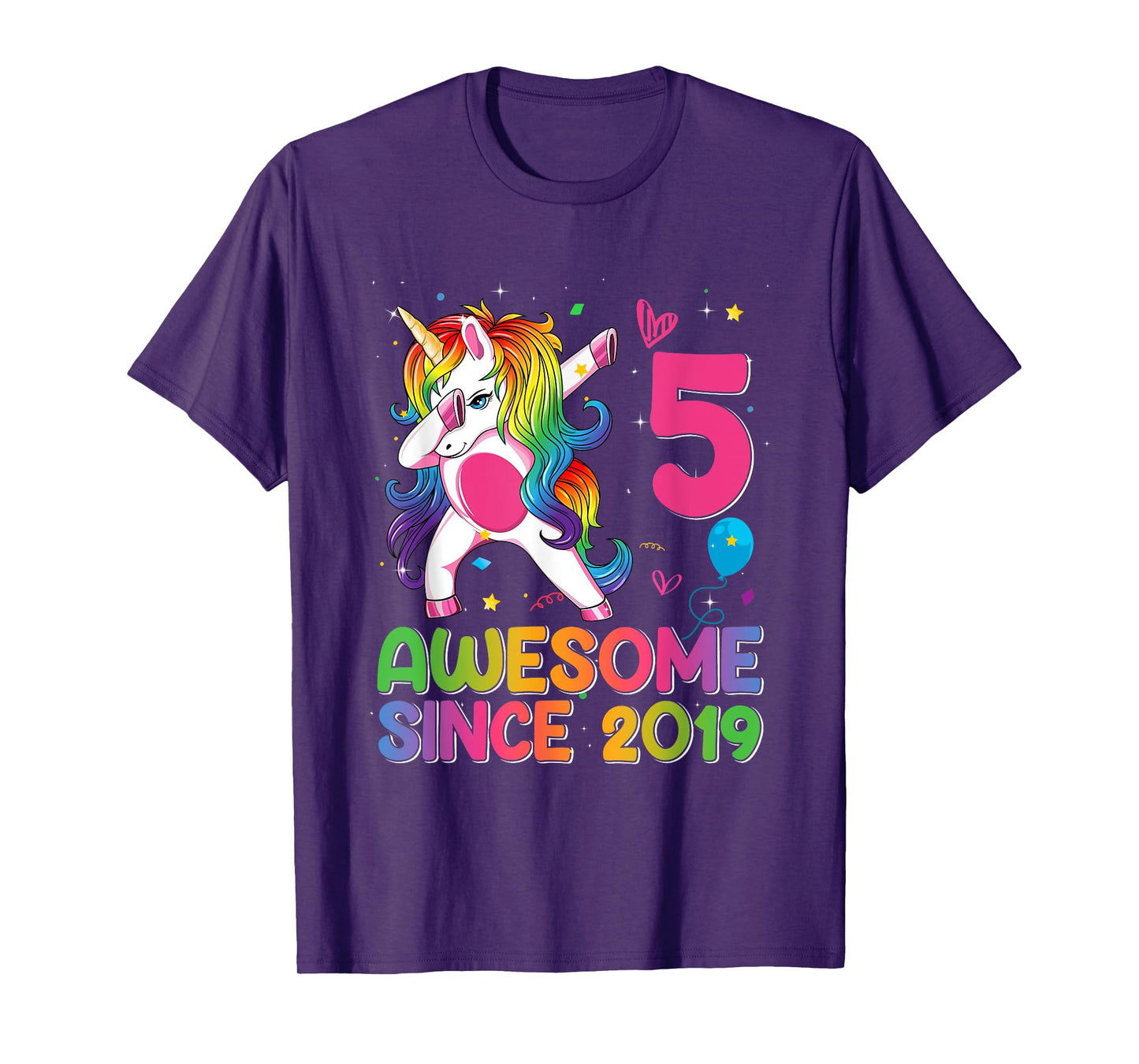 5 Years Old Awesome Since 2019 5th Birthday Unicorn Girls T-Shirt