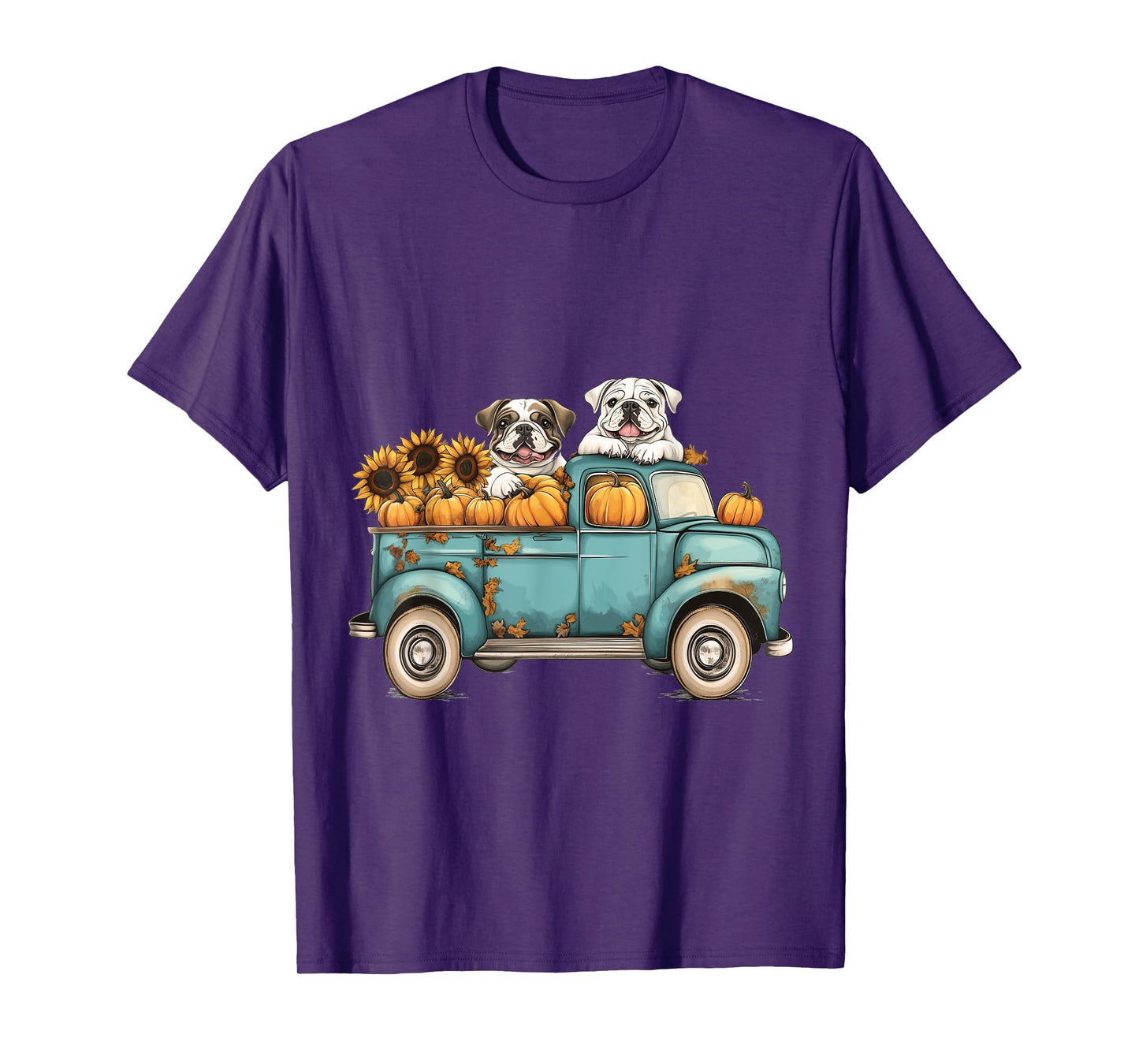 Cute Autumn English Bulldogs Pumpkins Sunflowers Fall Dogs T-Shirt