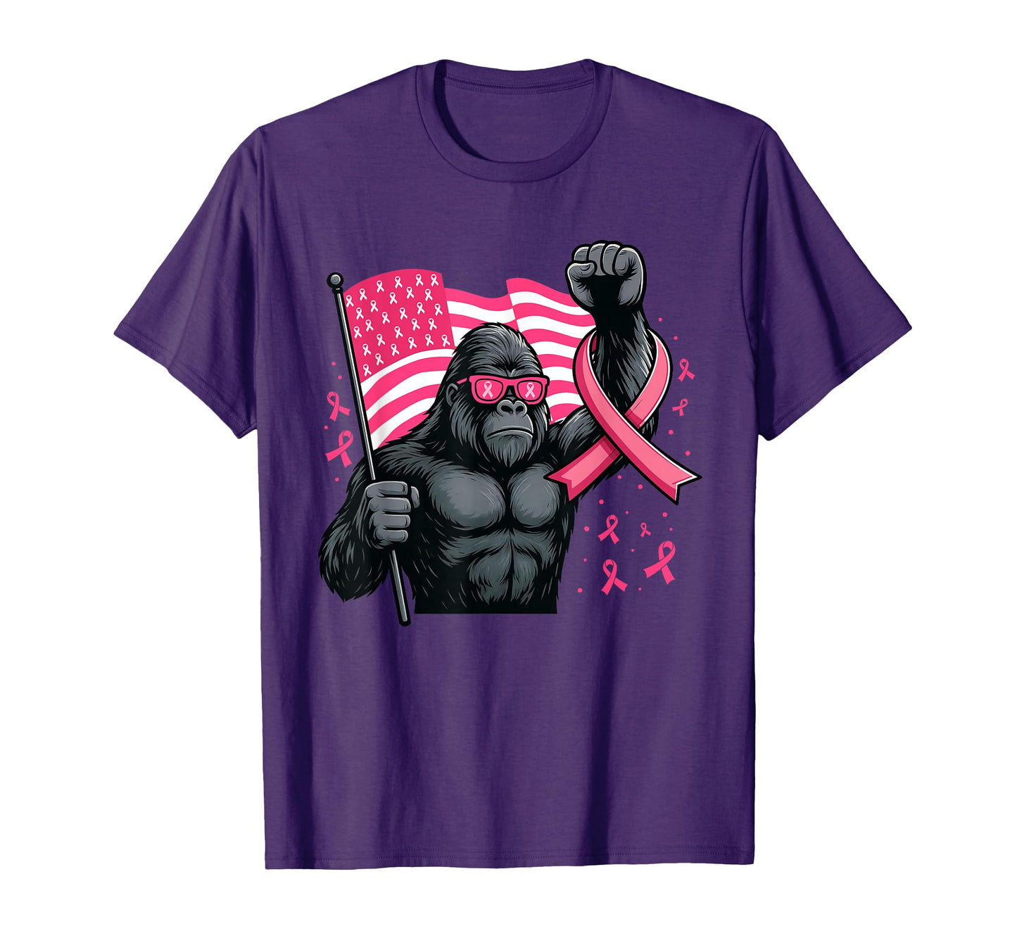 Bigfoot Pink Ribbon Flag Sasquatch Breast Cancer Awareness T-Shirt
