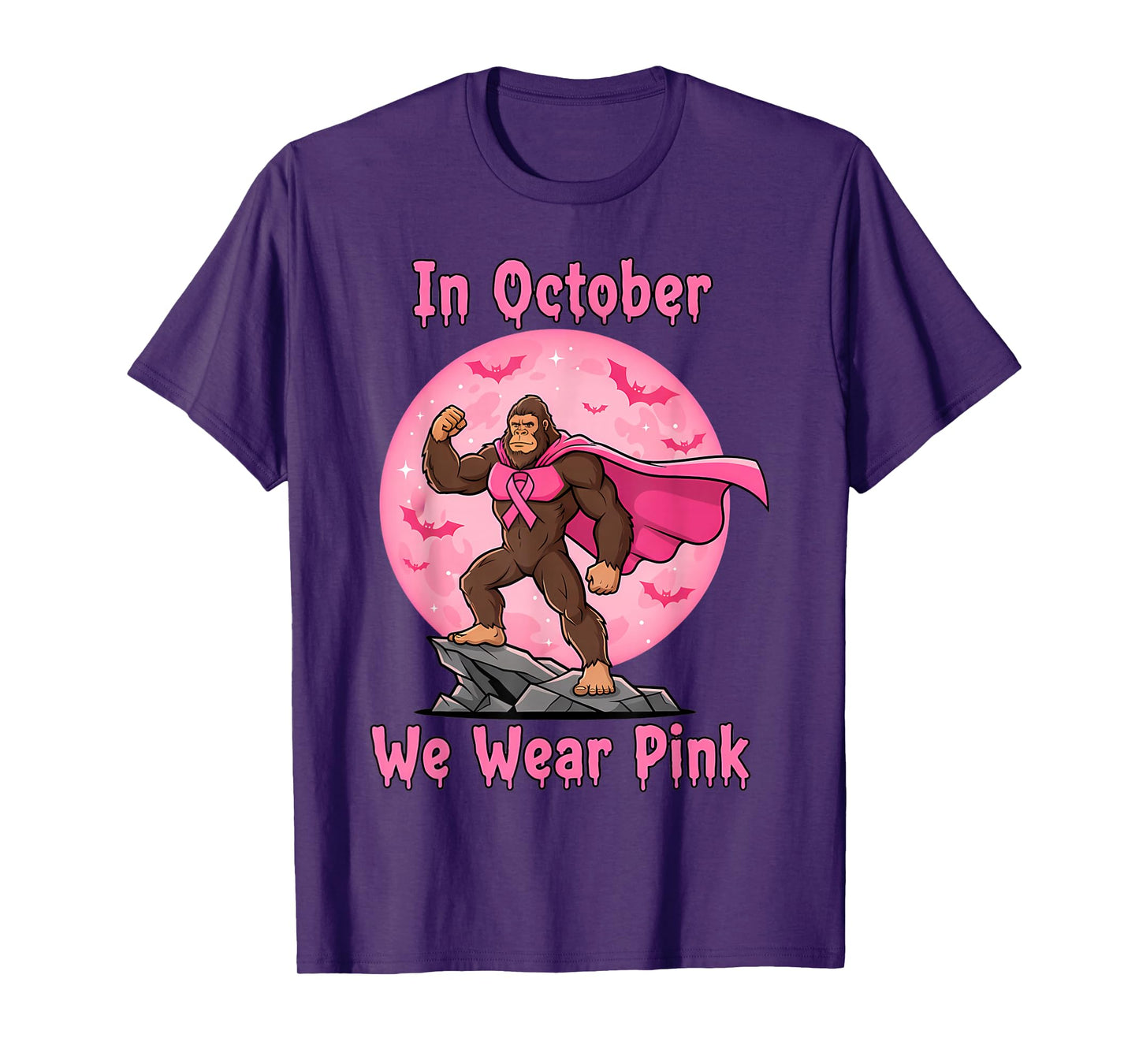 in October We Wear Pink Bigfoot Halloween Breast Cancer T-Shirt