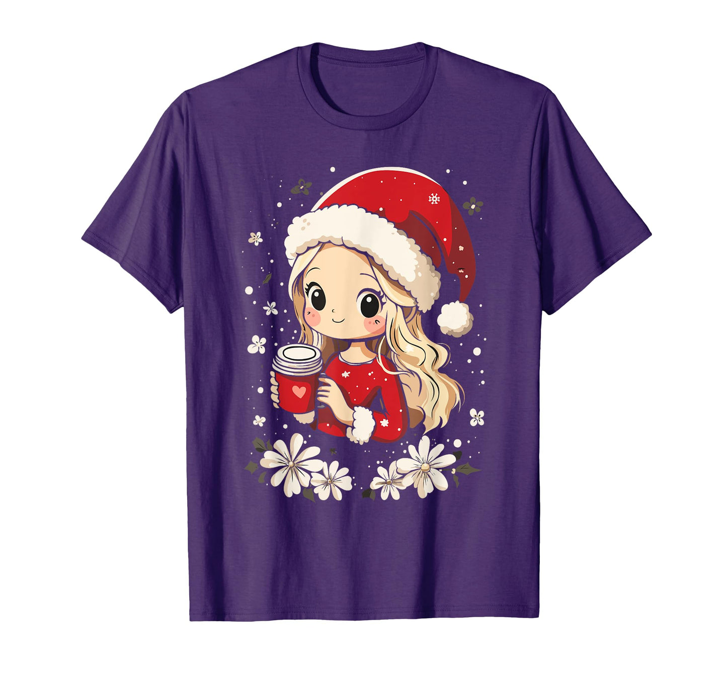 Christmas Santa Girl Coffee Flower Kids Santa Women Xmas T-Shirt