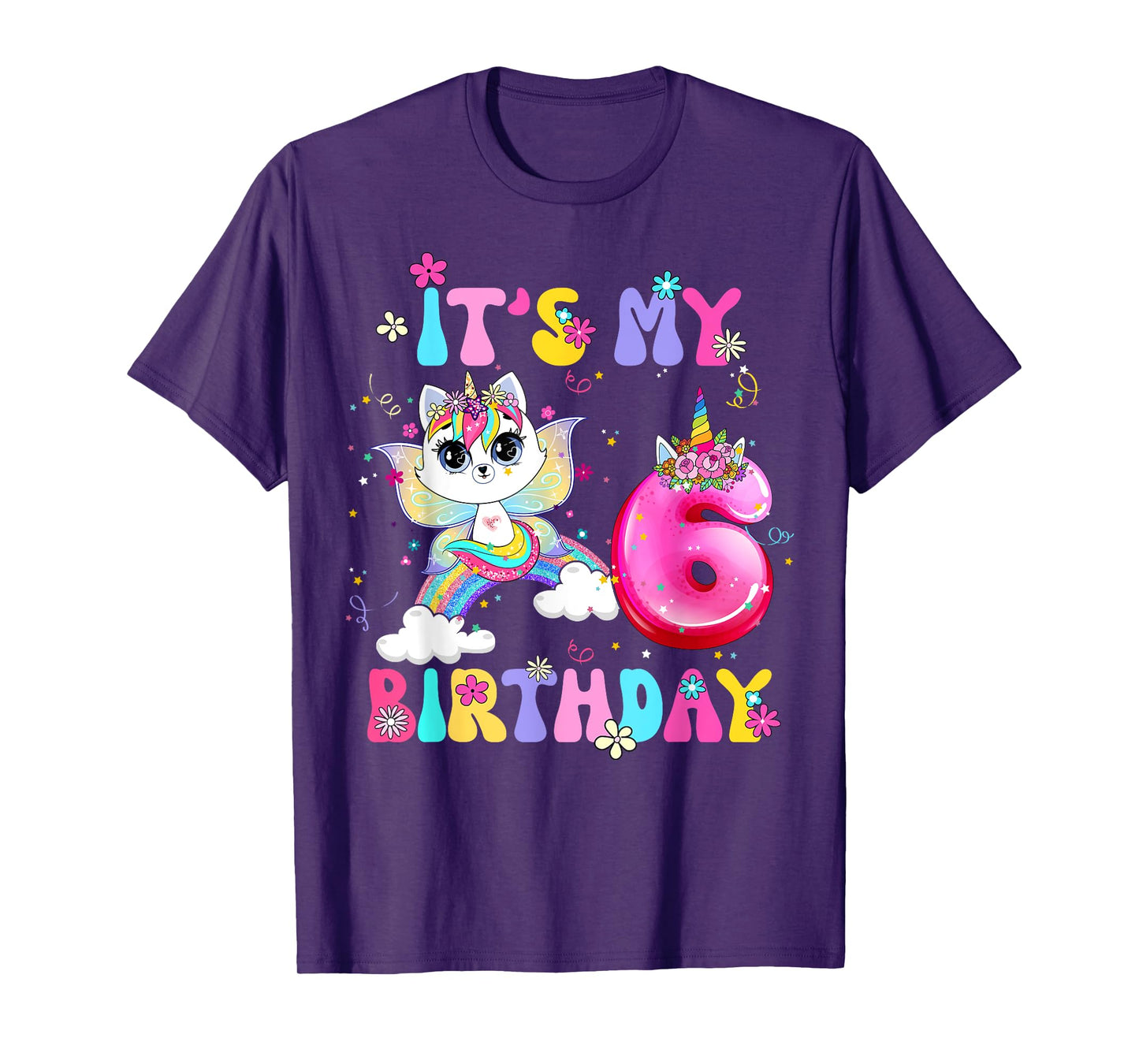 Kids 6th Birthday Cat Unicorn 6 Years Old Rainbow Girl Teens T-Shirt