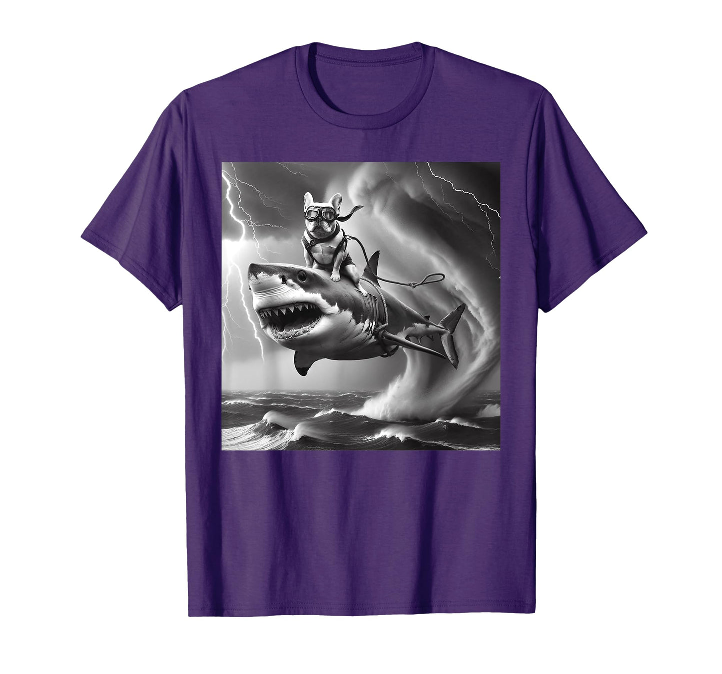 Funny Dog Bulldog Riding a Shark in Tornado Meme T-Shirt