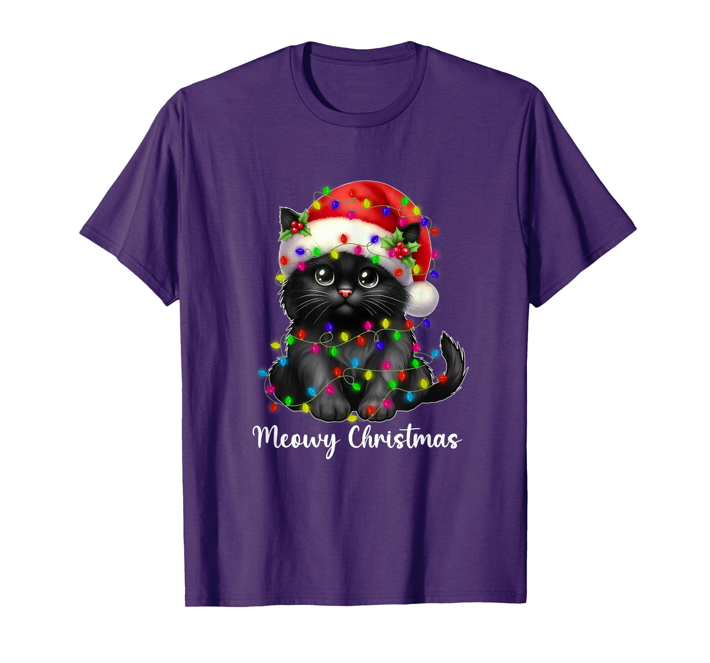 Meowy Christmas Lights Funny Family Black Cat Xmas Matching T-Shirt