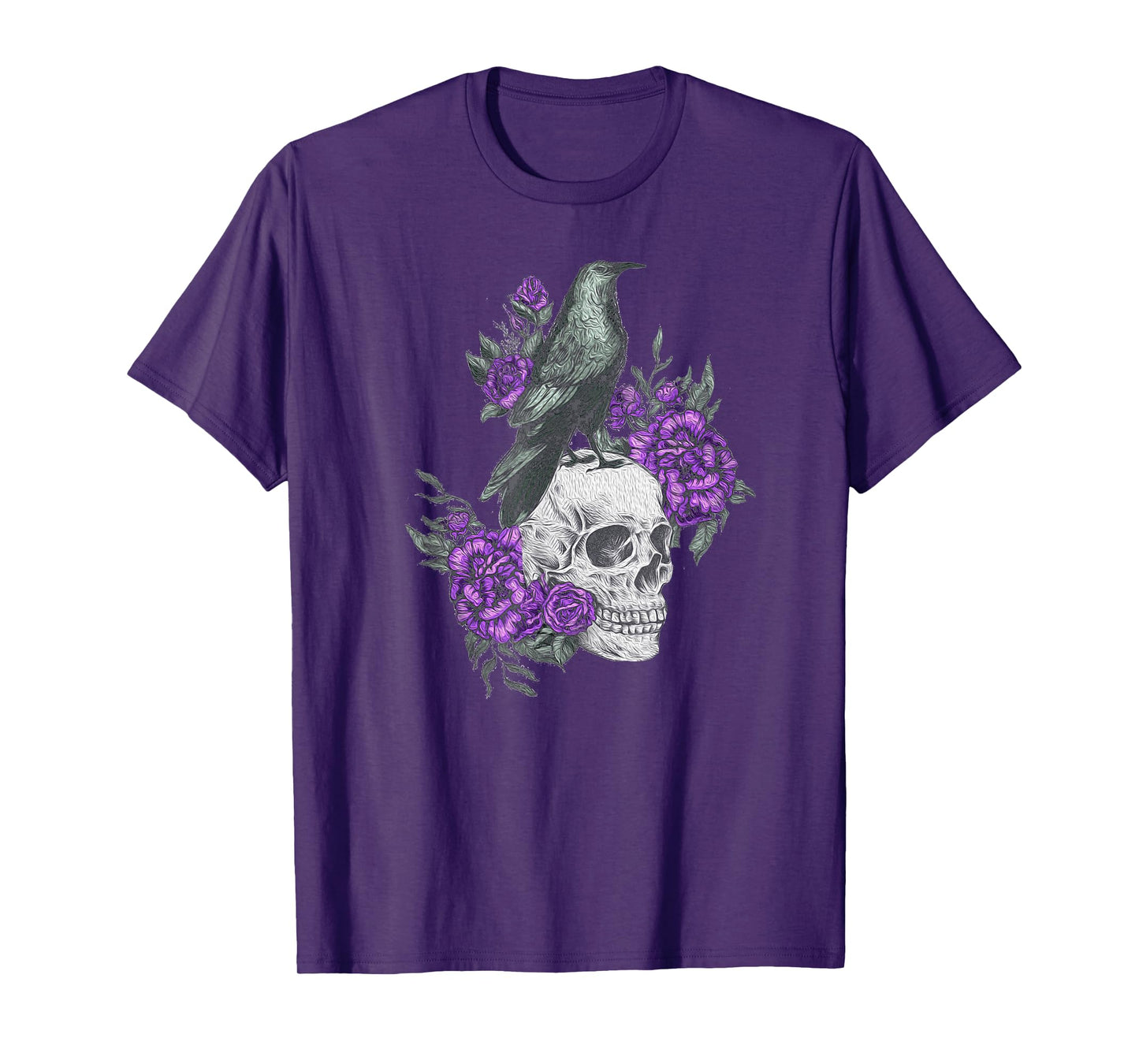 Vintage Sugar Skull and Crow Purple Rose Day of the Dead T-Shirt